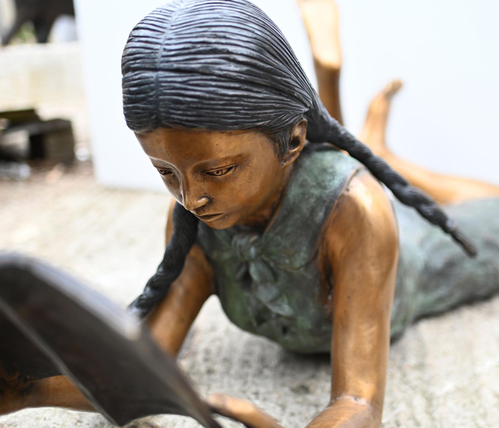 photo furniture Pair Lifesize Bronze Children Reading Boy Girl Statues Art