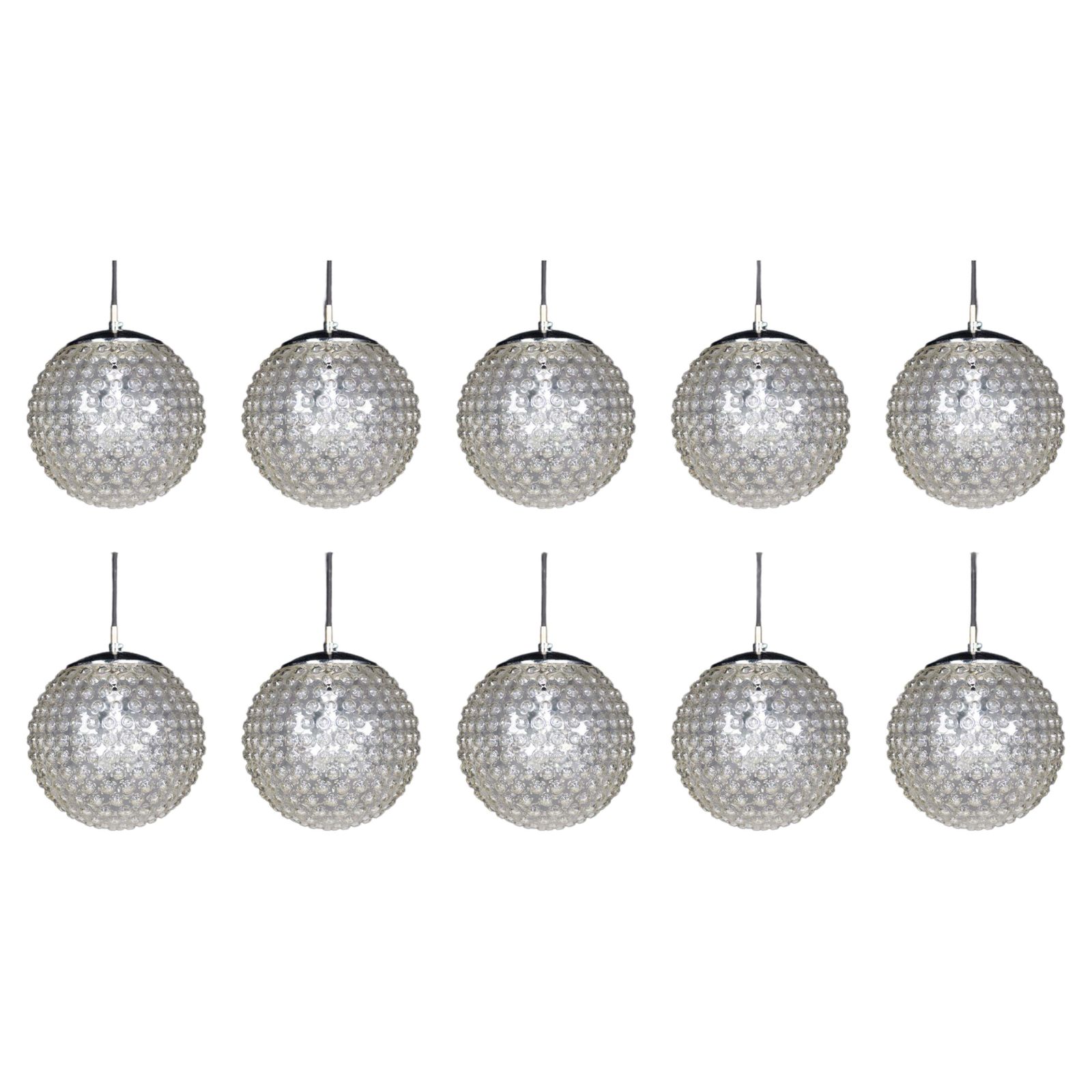 Large Set Rolf Krüger Chrome And Bubble Glass Pendant For Staff, Germany 1970s