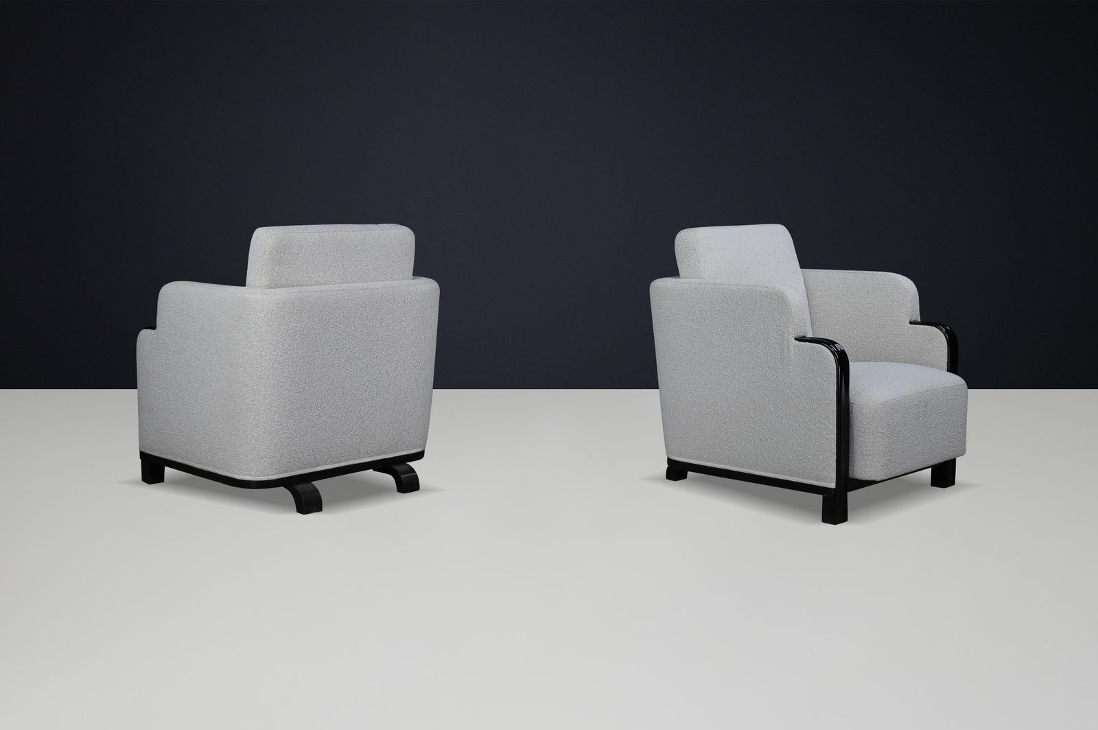 Pair Of Art Deco Armchairs In Bouclé And Black Lacquered Wood, Prague, 1930s photo vinterior