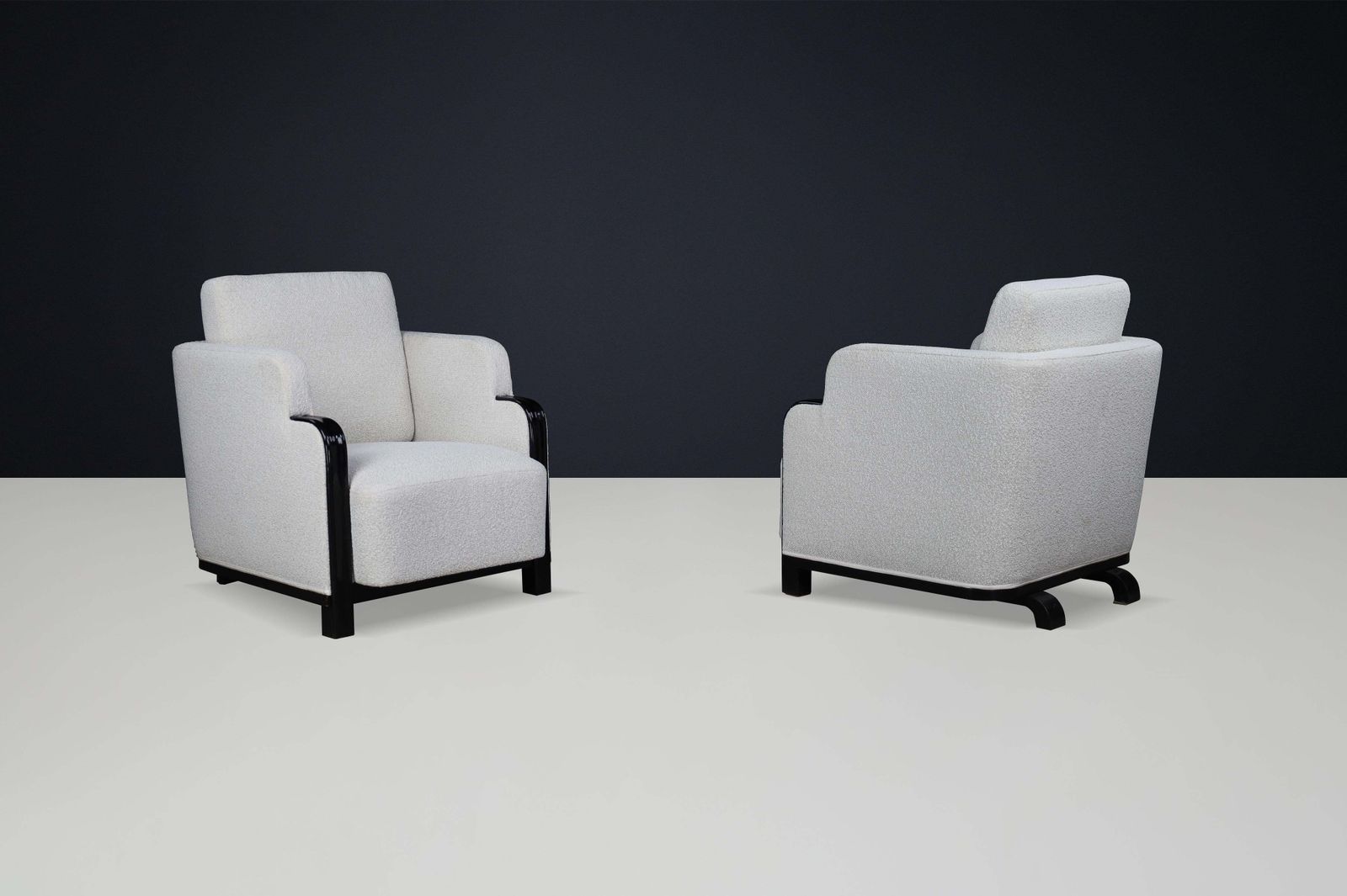 photo furniture Pair Of Art Deco Armchairs In Bouclé And Black Lacquered Wood, Prague, 1930s