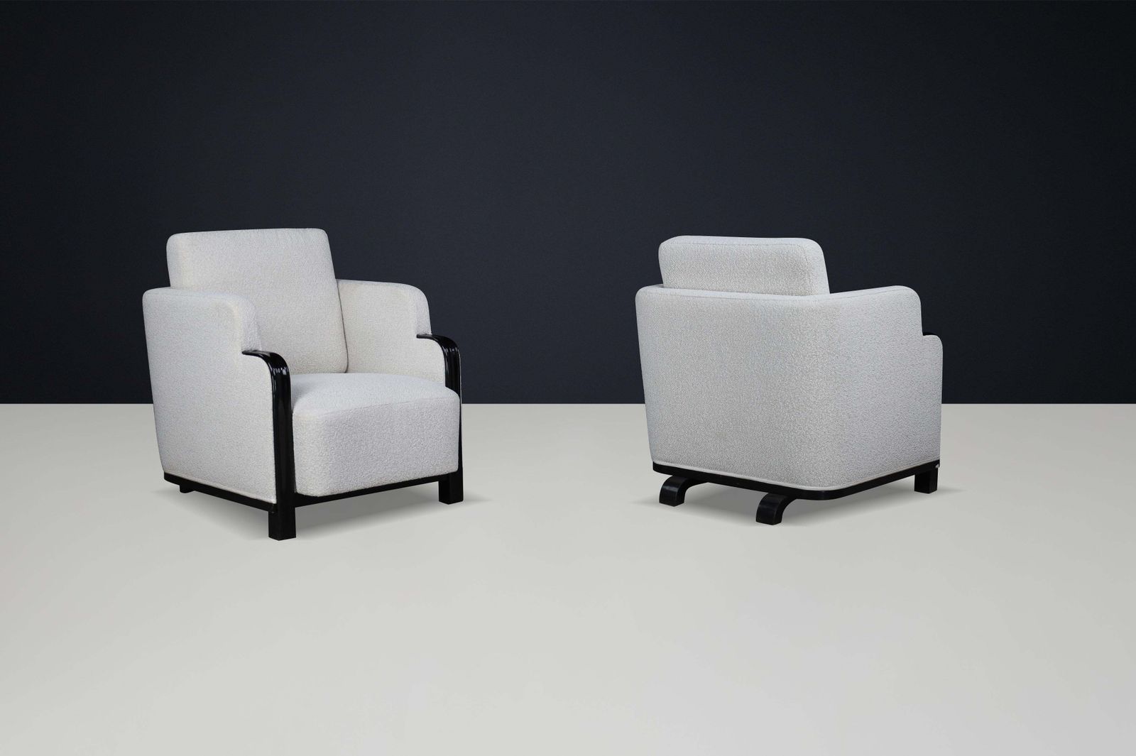 Furniture Pair Of Art Deco Armchairs In Bouclé And Black Lacquered Wood, Prague, 1930s photo