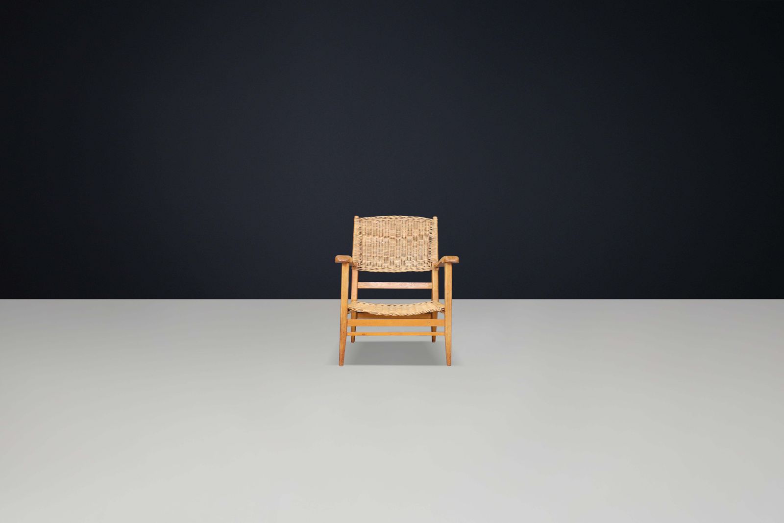 Mid Century Sculpted Armchair In Oak And Rattan, France, 1950s photo 1929.0