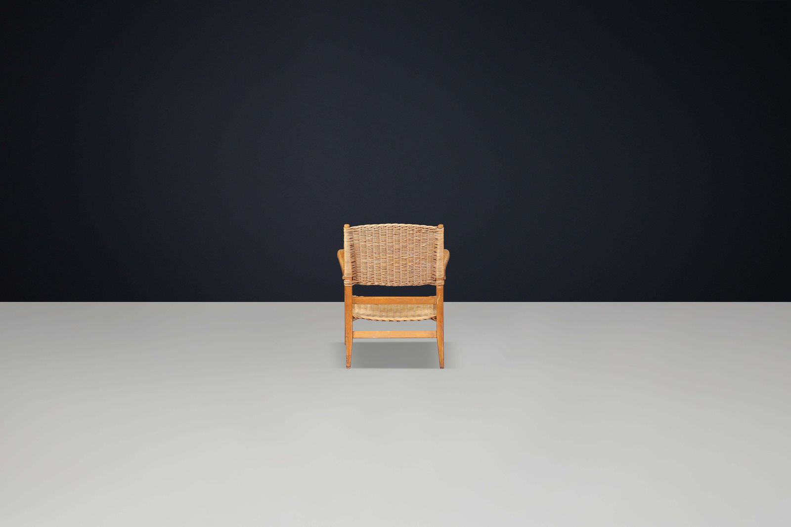 Mid Century Sculpted Armchair In Oak And Rattan, France, 1950s photo vinterior
