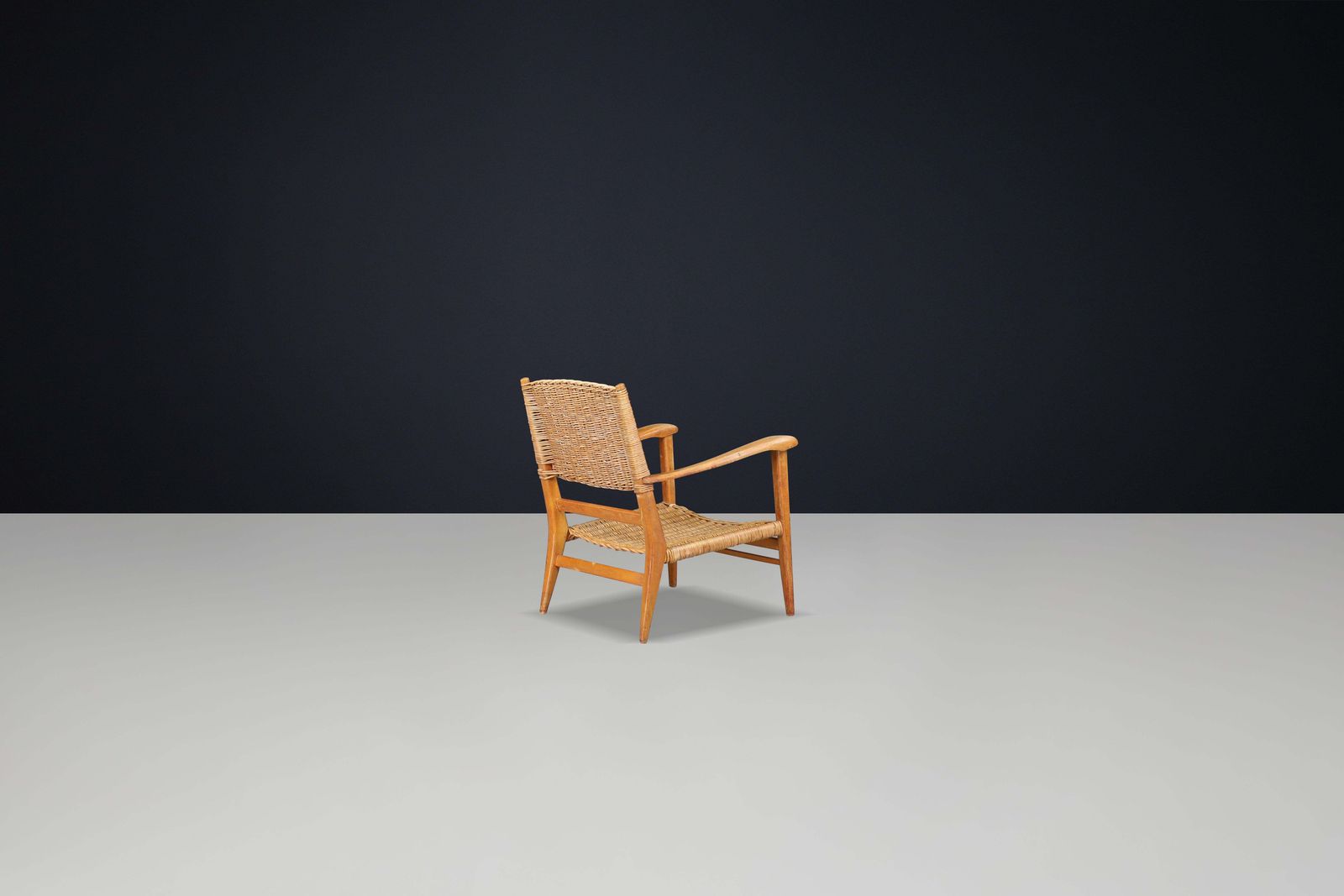 Mid Century Sculpted Armchair In Oak And Rattan, France, 1950s photo vintage