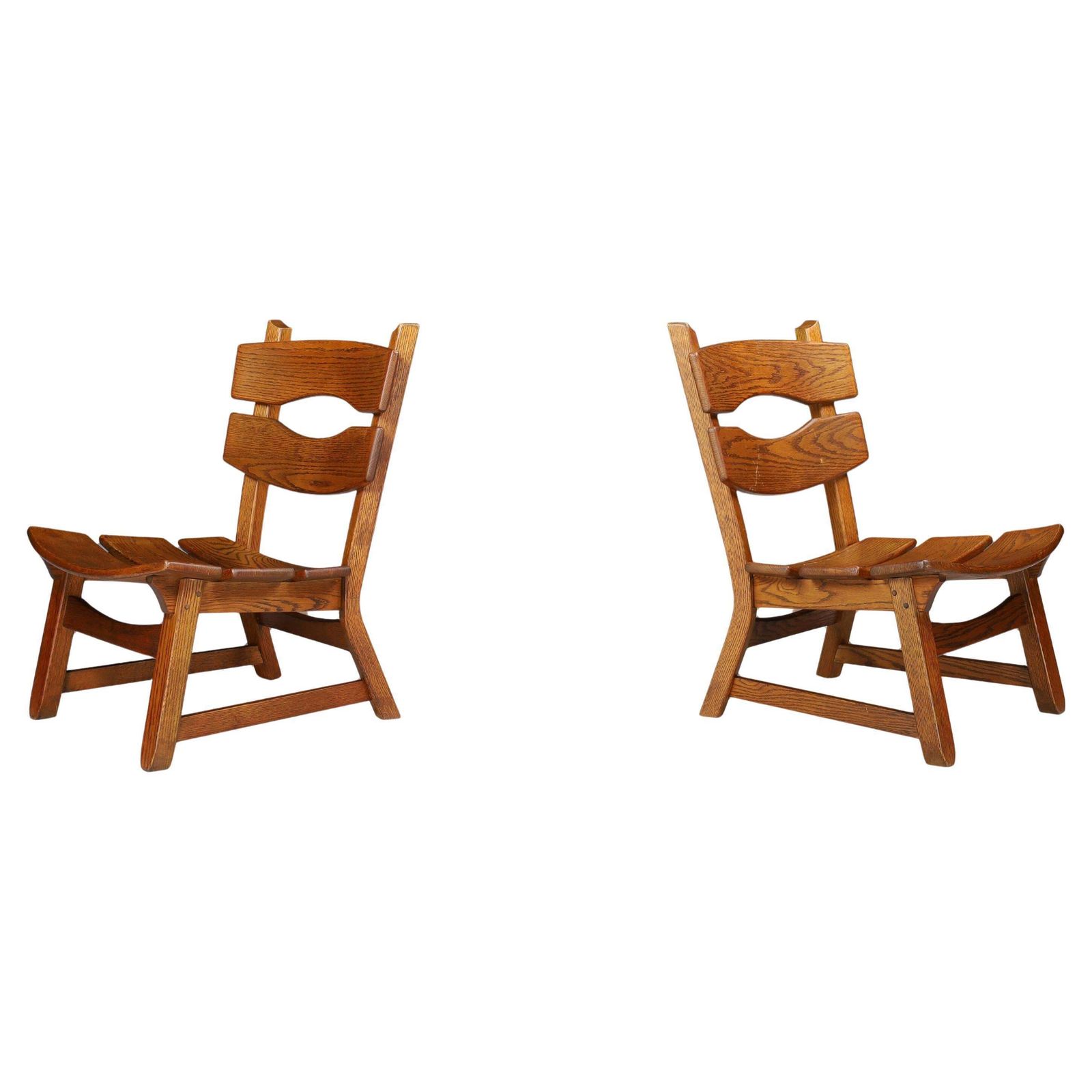 Pair Of Sculptural Brutalist Oak Lounge Chairs, France, 1960s