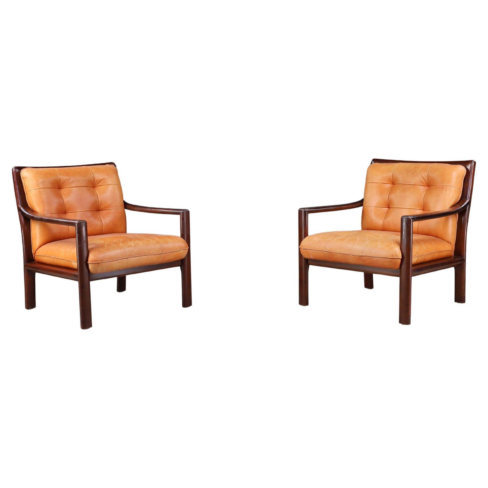 Pair Of Mid Century Lounge Chairs In Cognac Leather & Mahogany Stained Hardwood