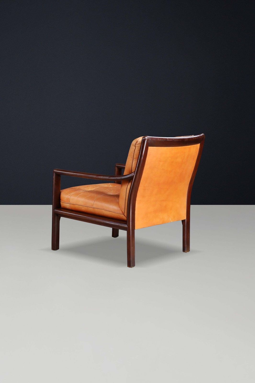 Furniture Pair Of Mid Century Lounge Chairs In Cognac Leather & Mahogany Stained Hardwood photo
