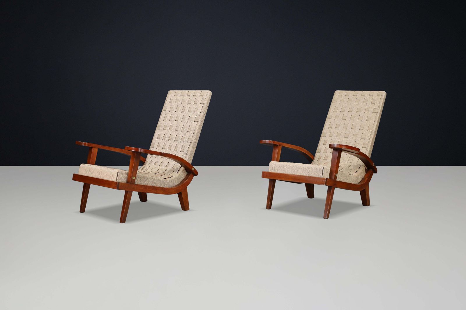 Pair Of Italian Mid Century Lounge Chairs With Webbing, Italy, 1940s photo Furniture