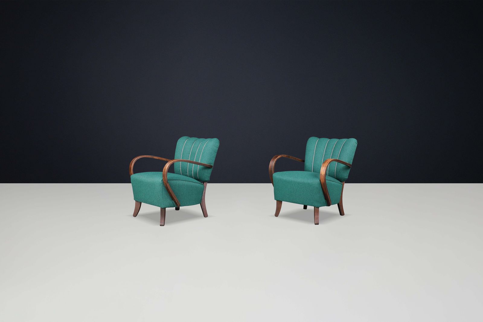 Jindrich Halabala Re Upholstered Patinated Bentwood Lounge Chairs From The 1930s photo buy