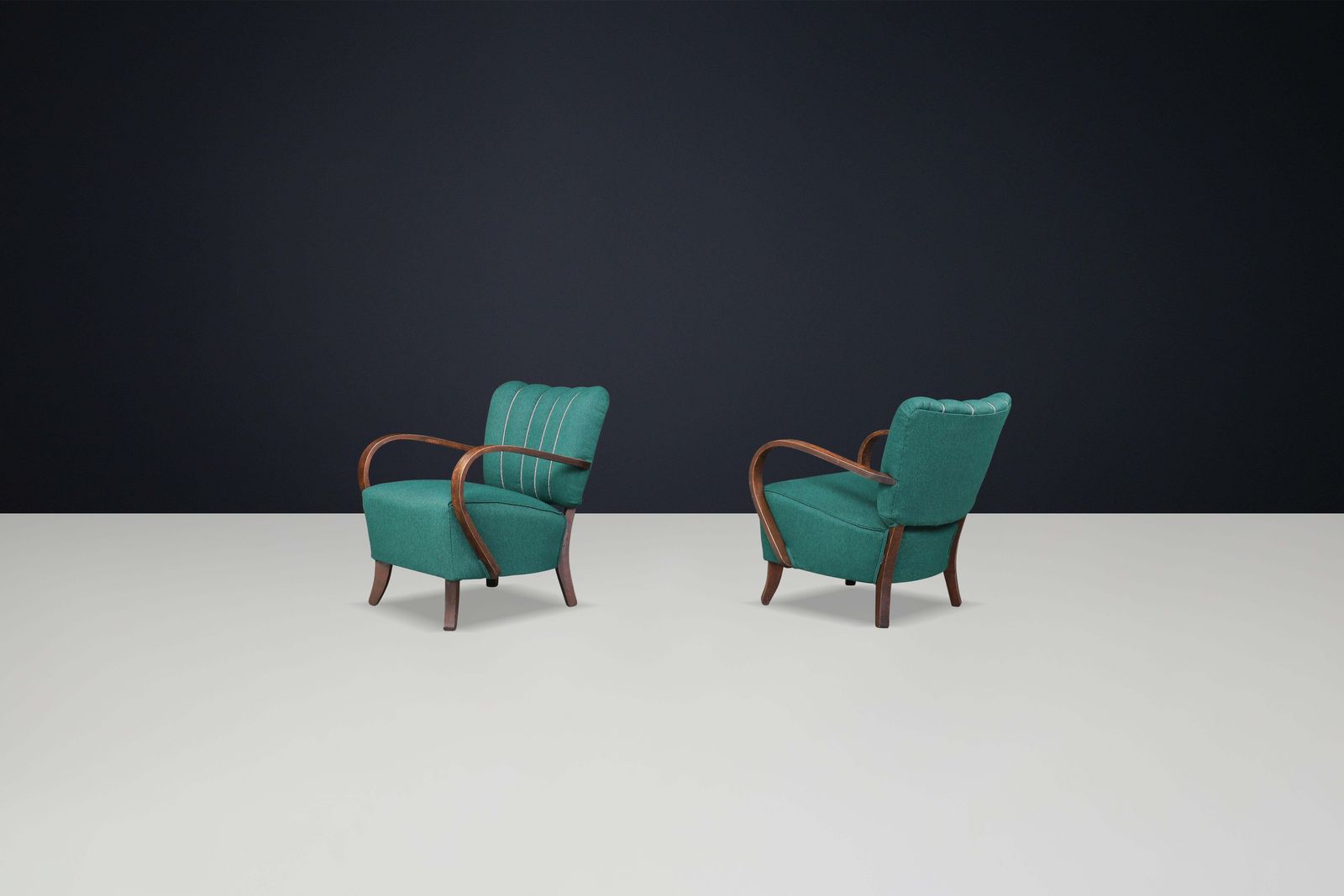 Jindrich Halabala Re Upholstered Patinated Bentwood Lounge Chairs From The 1930s photo vintage