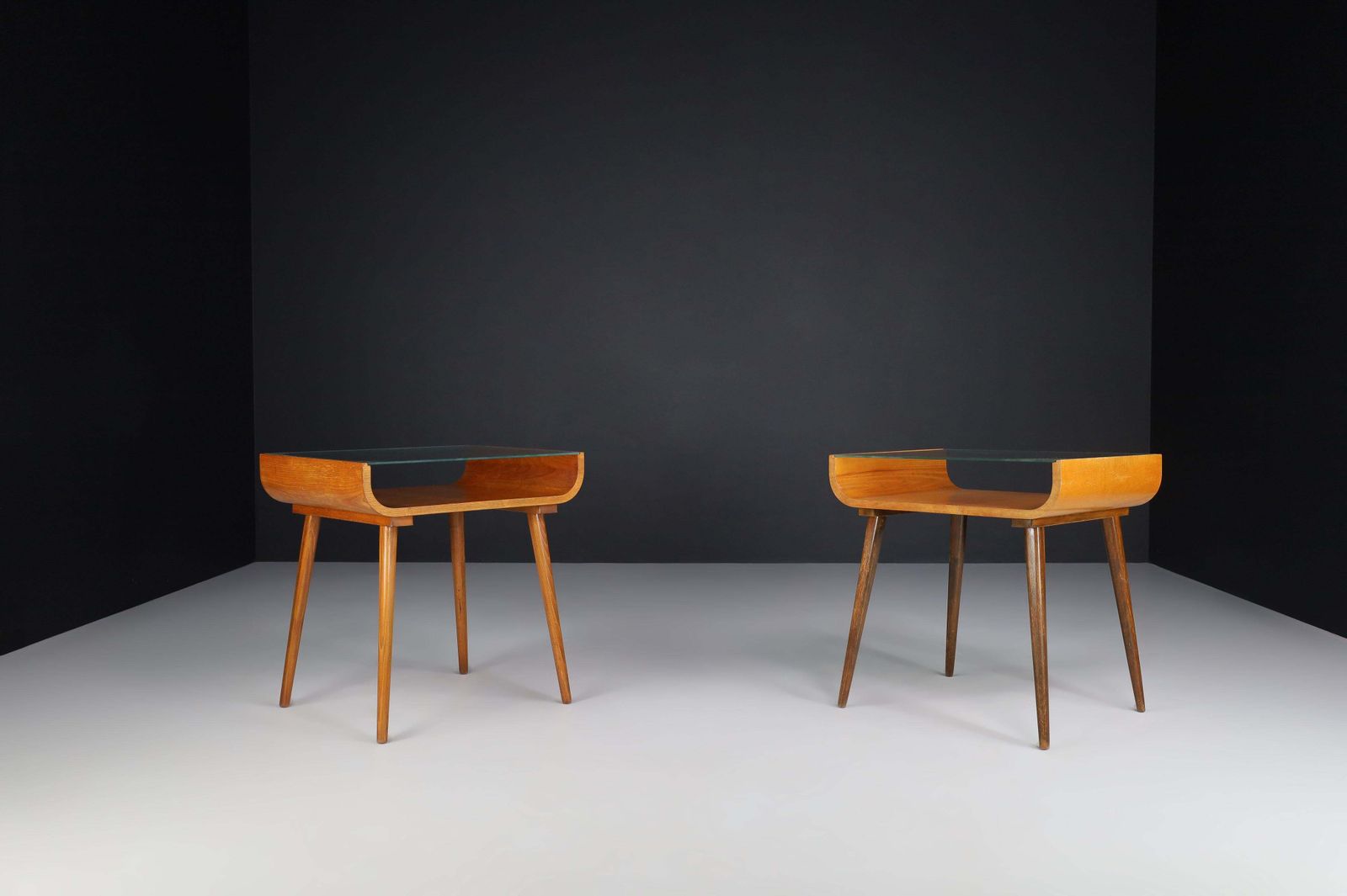 Pair Of Mid Century Beechwood And Glass Side Tables, Prague, 1950s photo furniture