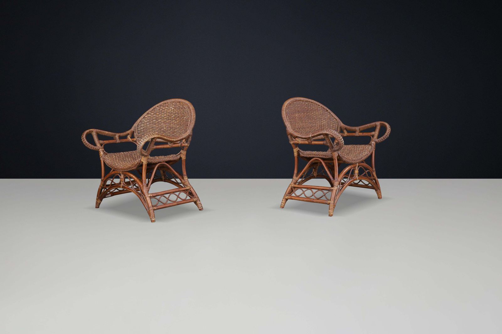 Set Of Two Sculptural Rattan And Bamboo Lounge Chairs, Spain, 1960s photo Furniture