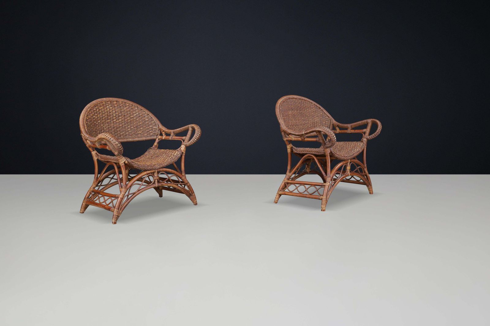 Set Of Two Sculptural Rattan And Bamboo Lounge Chairs, Spain, 1960s photo 3000.0