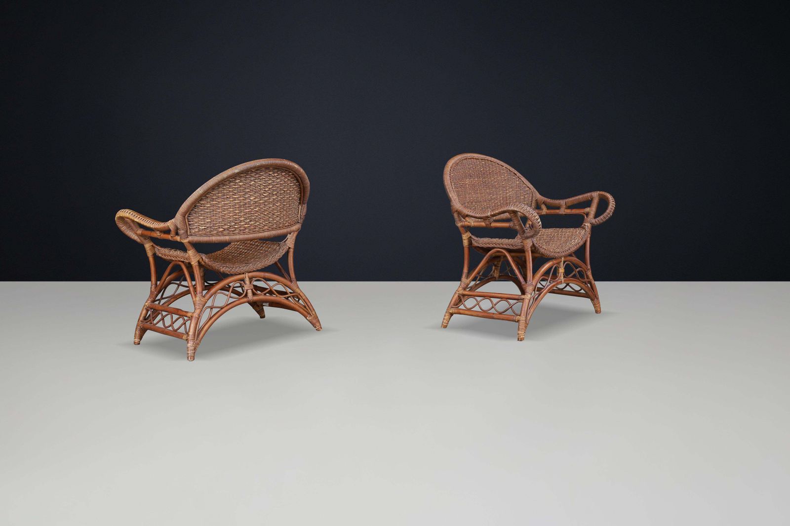 Set Of Two Sculptural Rattan And Bamboo Lounge Chairs, Spain, 1960s photo vinterior