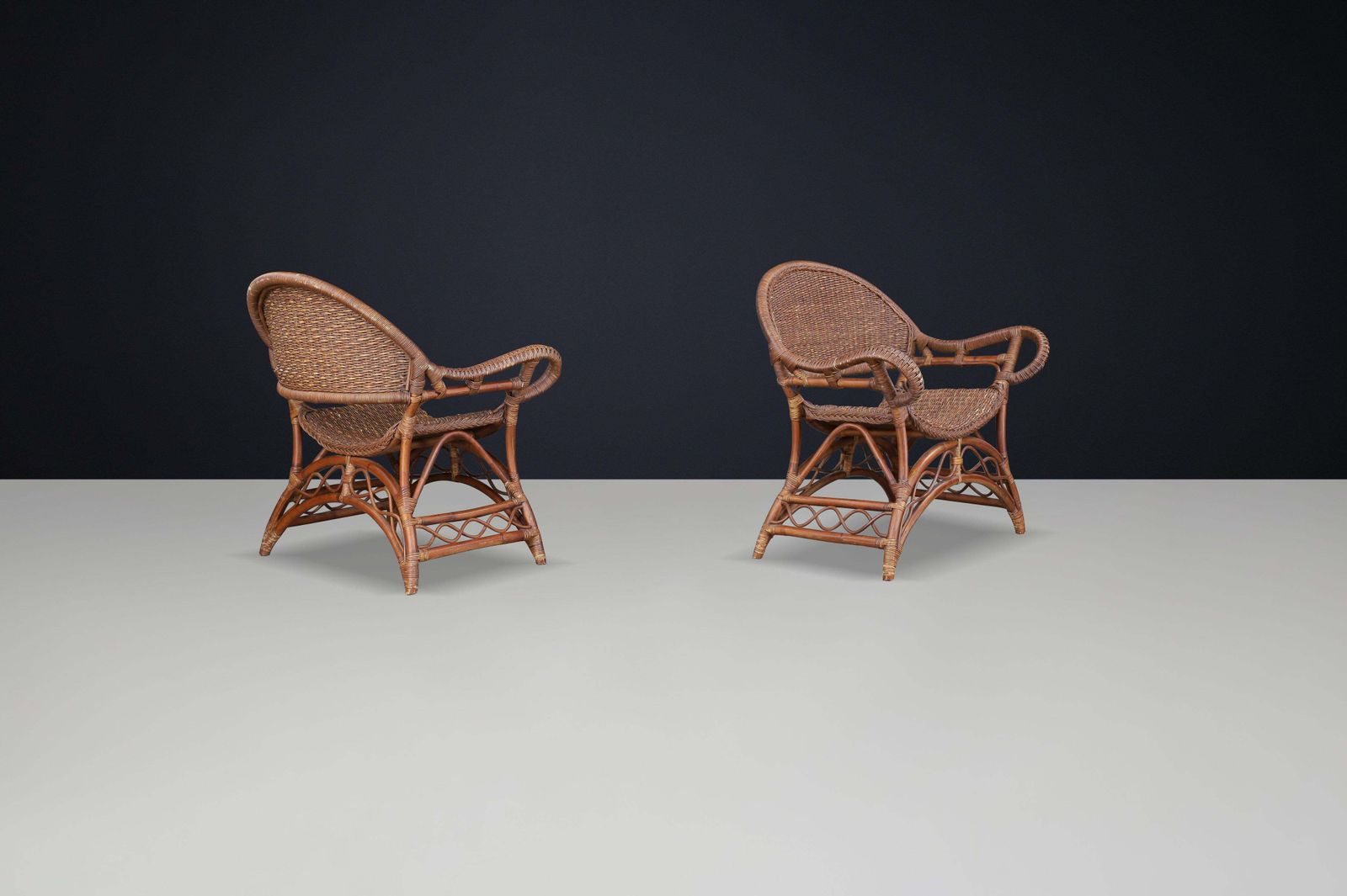 Set Of Two Sculptural Rattan And Bamboo Lounge Chairs, Spain, 1960s photo buy