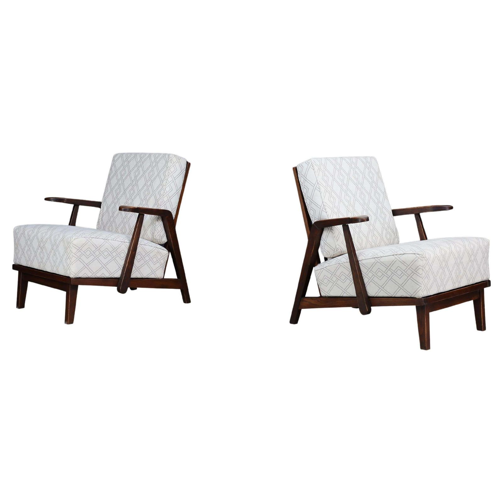 Sculptural 1950s Czech Oak Lounge Chairs – Mid Century Modern, Newly Upholstered