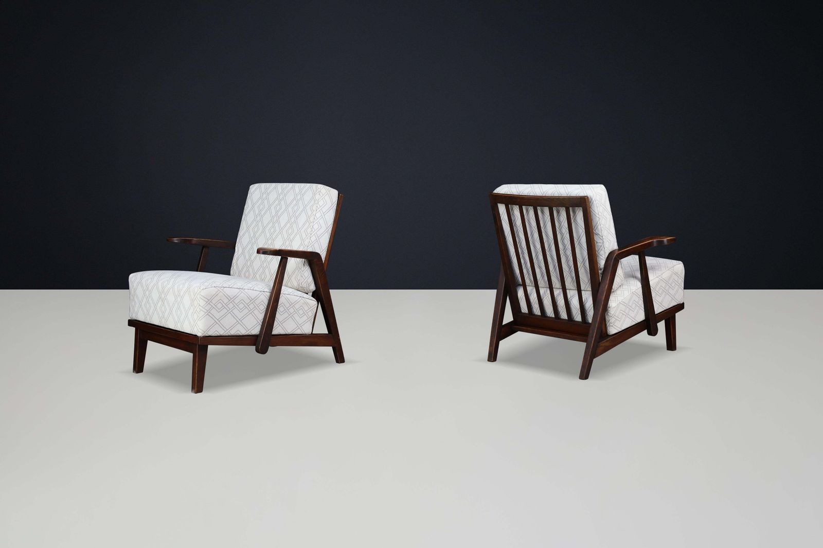 Sculptural 1950s Czech Oak Lounge Chairs – Mid Century Modern, Newly Upholstered photo Furniture
