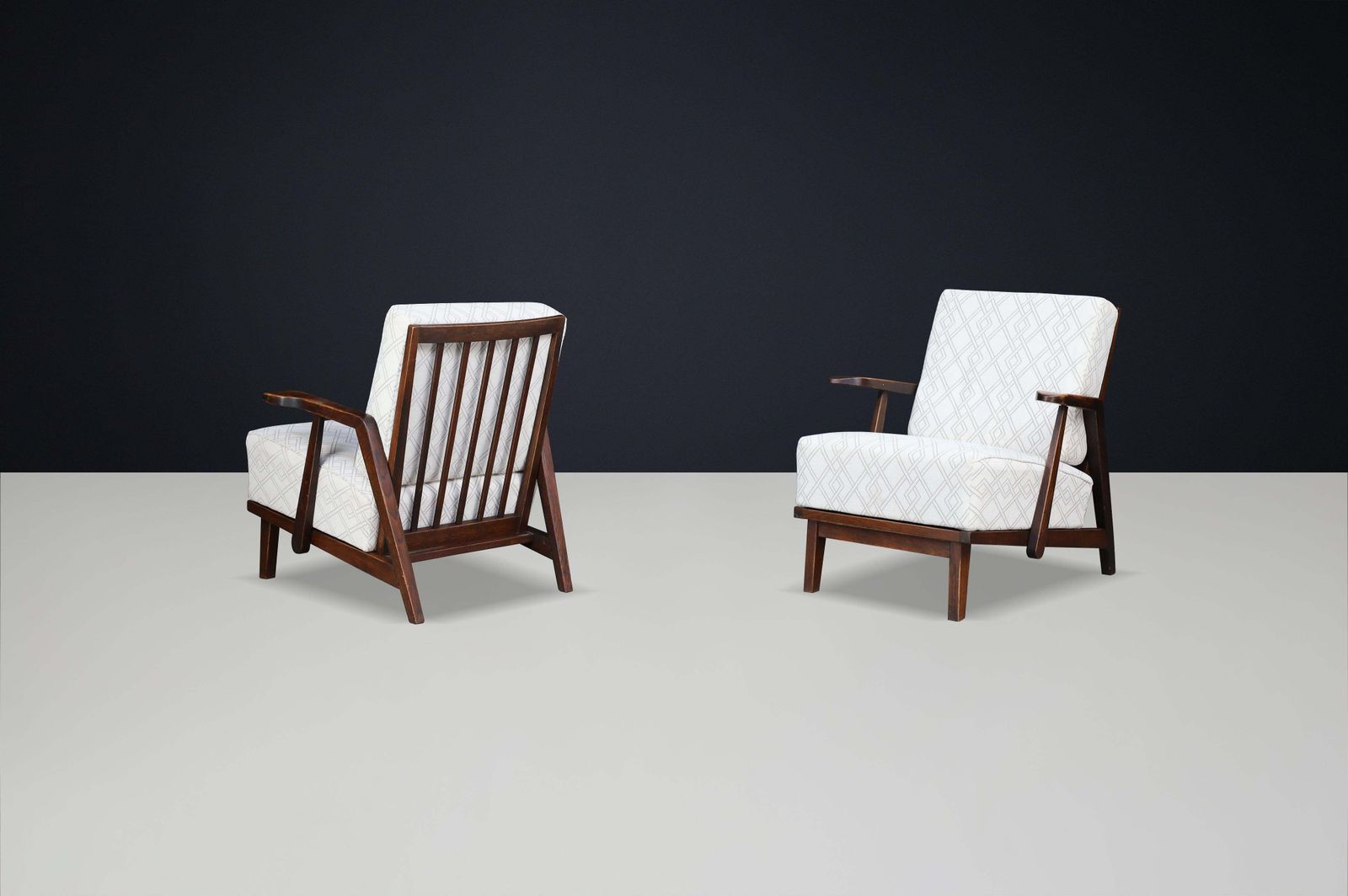 Sculptural 1950s Czech Oak Lounge Chairs – Mid Century Modern, Newly Upholstered photo buy
