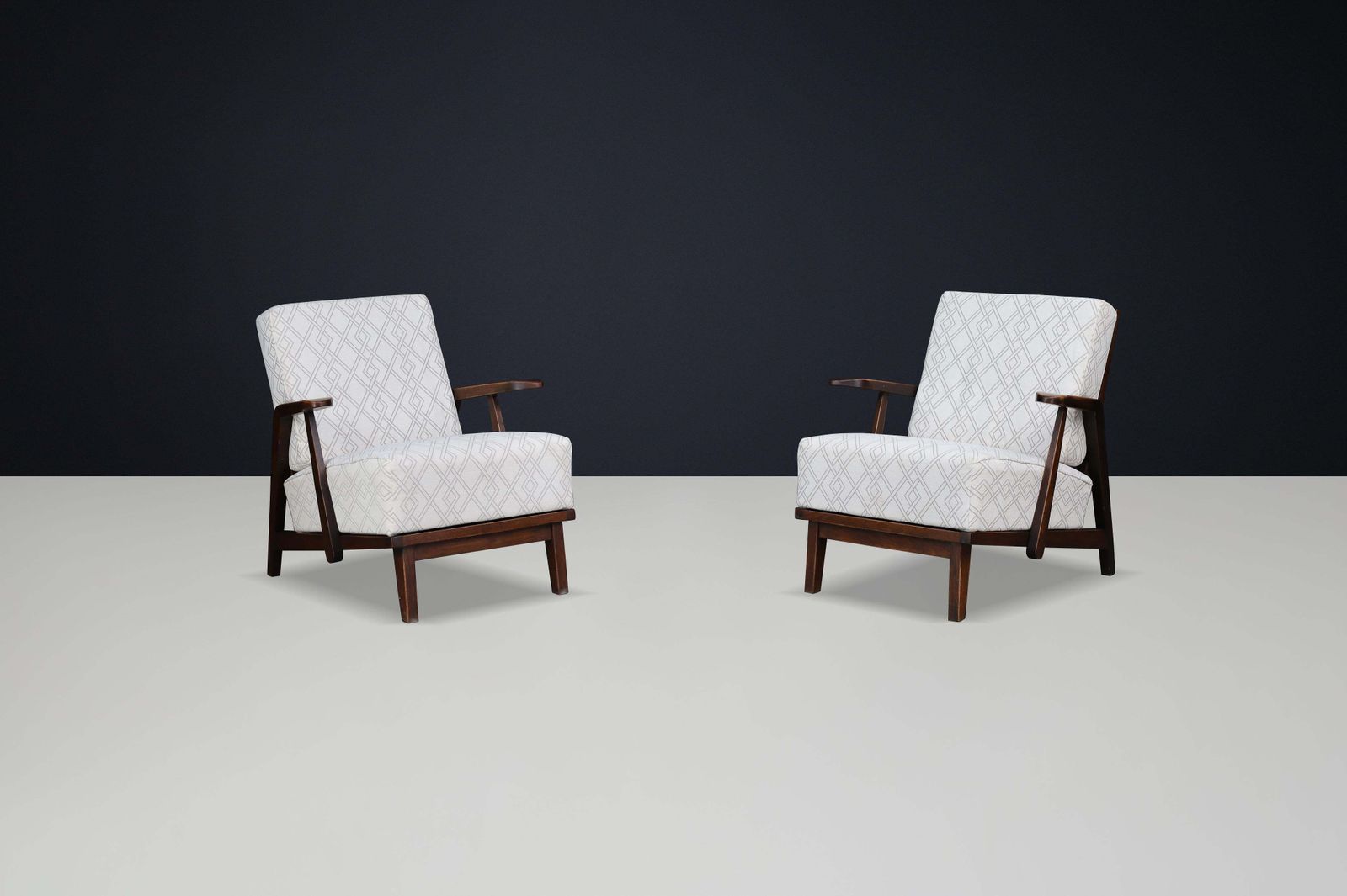 photo furniture Sculptural 1950s Czech Oak Lounge Chairs – Mid Century Modern, Newly Upholstered