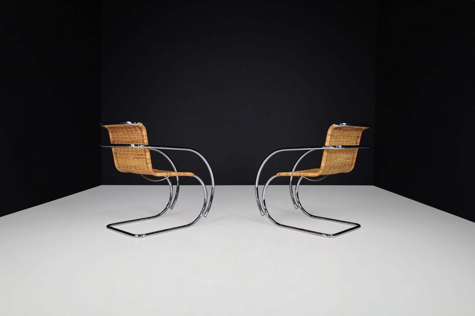 Mies Van Der Rohe Mr20 Chrome & Wicker Lounge Chairs, 1970s photo for sale