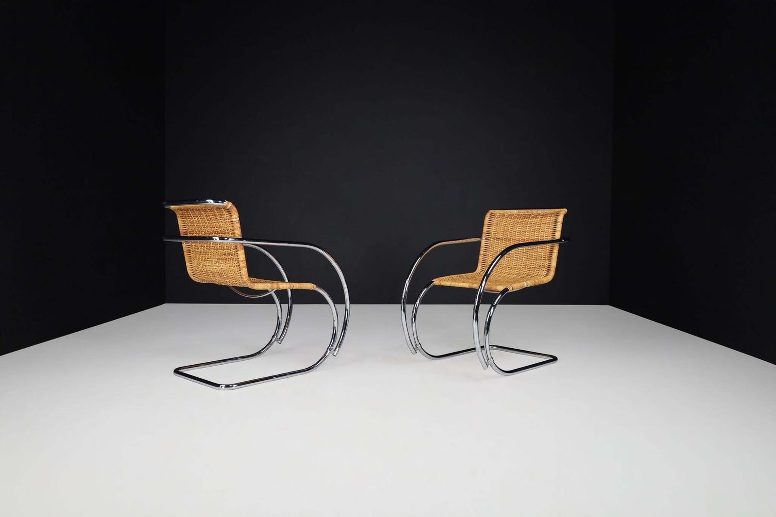 Mies Van Der Rohe Mr20 Chrome & Wicker Lounge Chairs, 1970s photo vintage