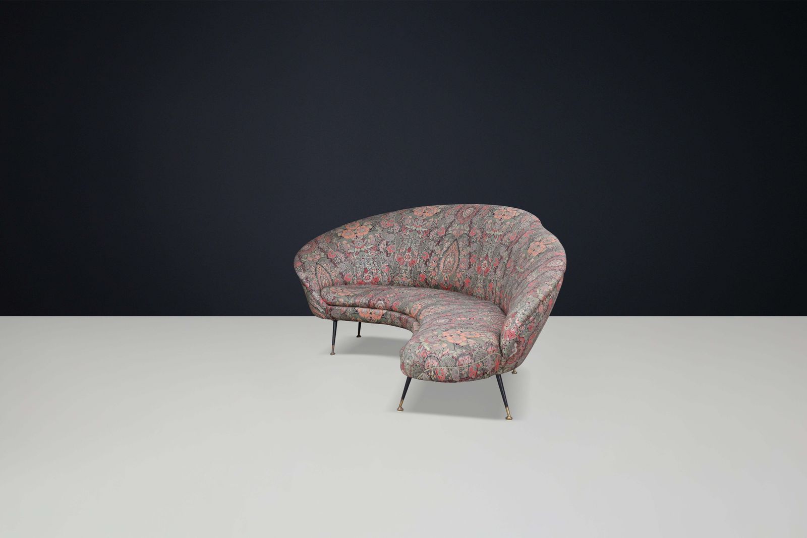 Federico Munari Curved Sofa In Original Floral Upholstery With Brass Feet, Italy photo Furniture