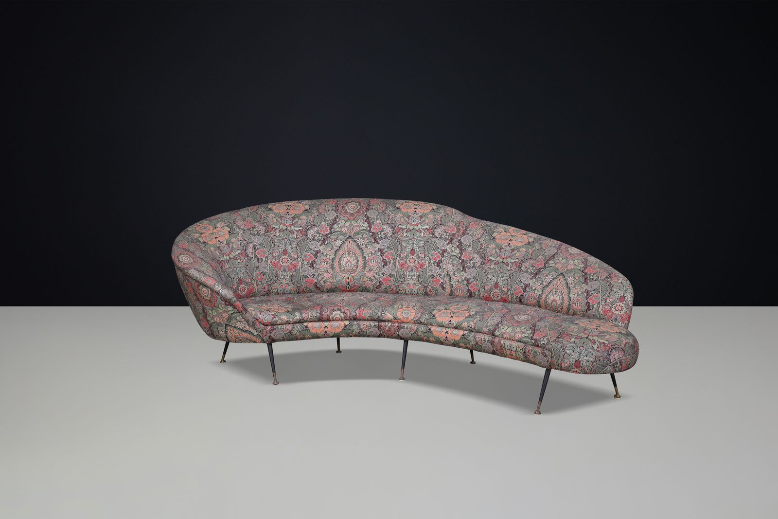 photo for sale Federico Munari Curved Sofa In Original Floral Upholstery With Brass Feet, Italy