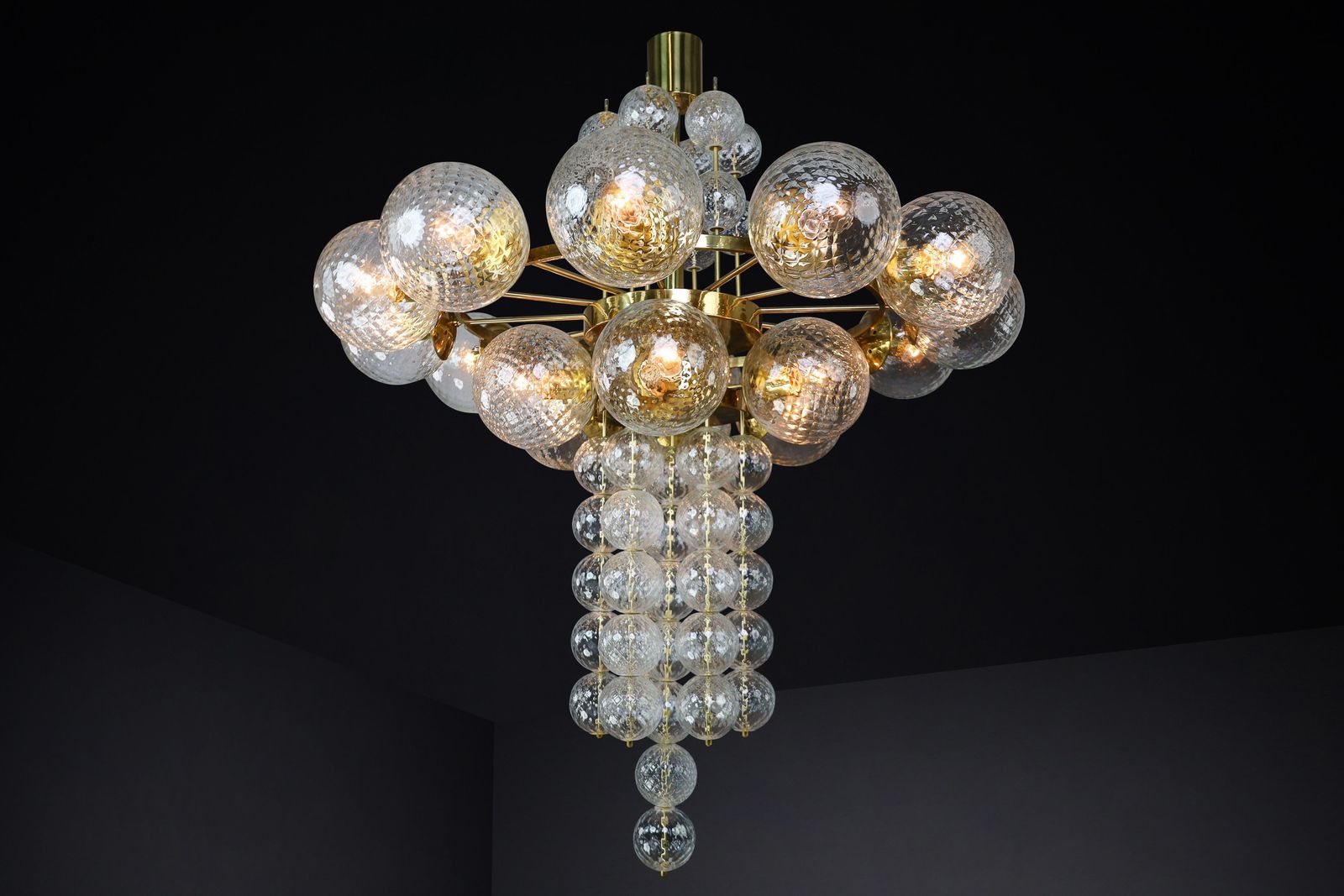 Large Chandelier With Brass Fixture And Hand Blowed Glass Globes By Preciosa Cz. photo for sale