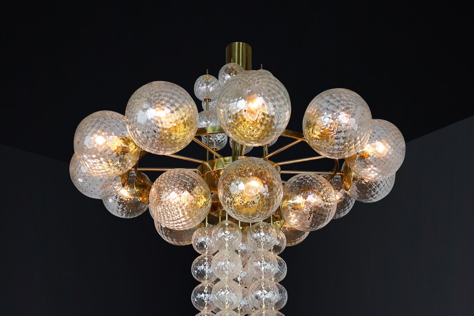 Large Chandelier With Brass Fixture And Hand Blowed Glass Globes By Preciosa Cz. photo Lighting