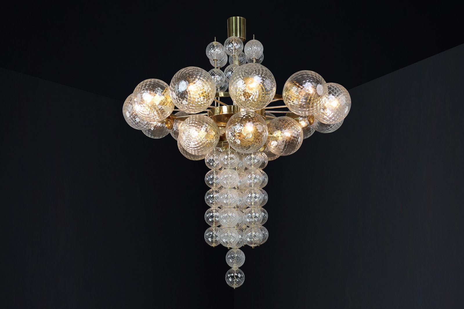 Lighting Large Chandelier With Brass Fixture And Hand Blowed Glass Globes By Preciosa Cz. photo