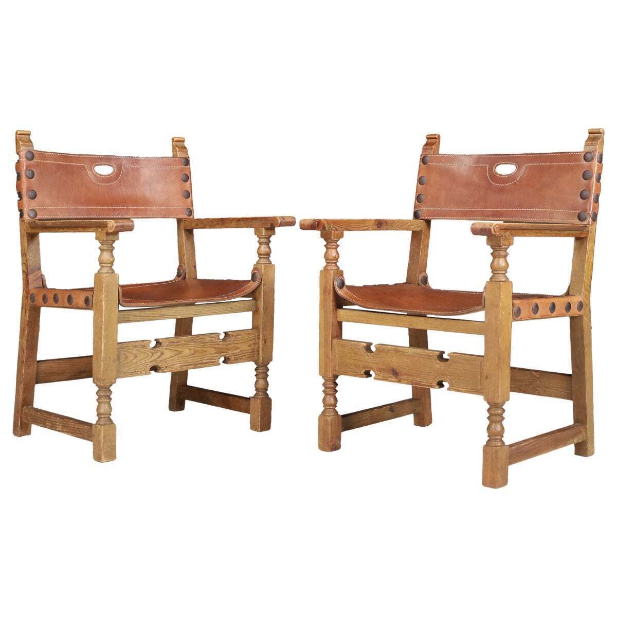 Pine And Saddle Leather Arm Chairs, France, 1940s