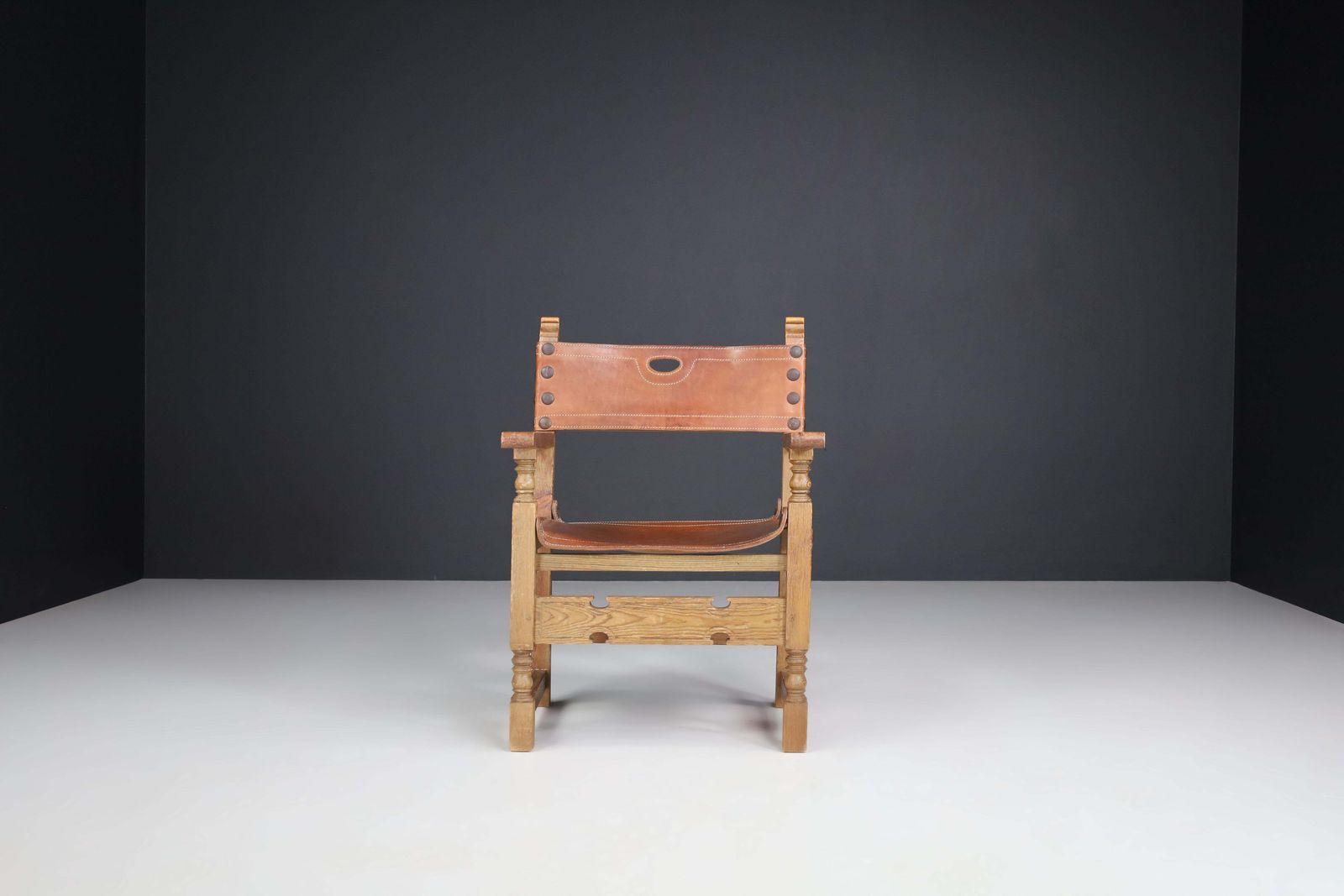 Pine And Saddle Leather Arm Chairs, France, 1940s photo Furniture