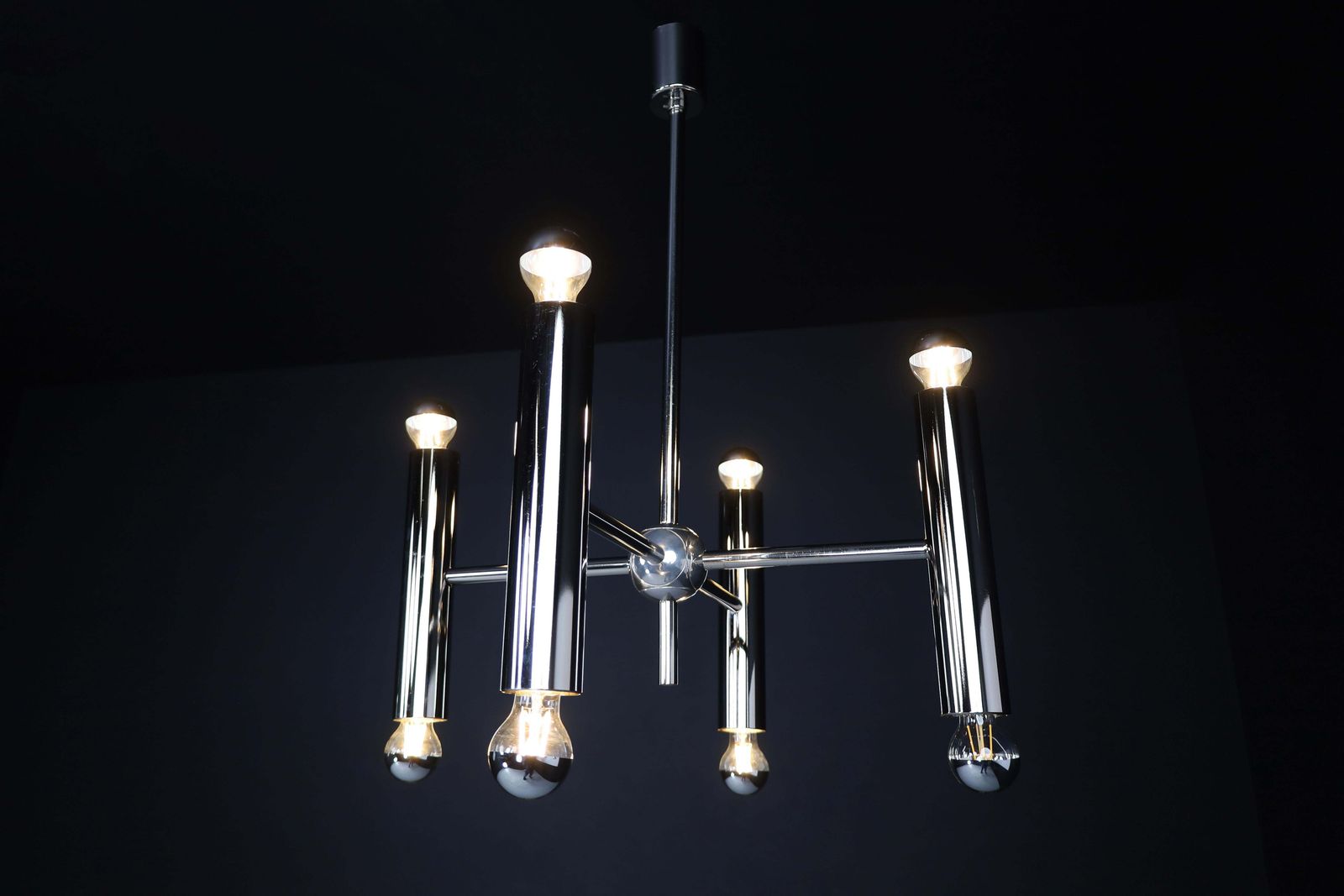 Mid Century Modern Chandelier In Polished Steel With Eight Lights, Germany 1960 photo for sale