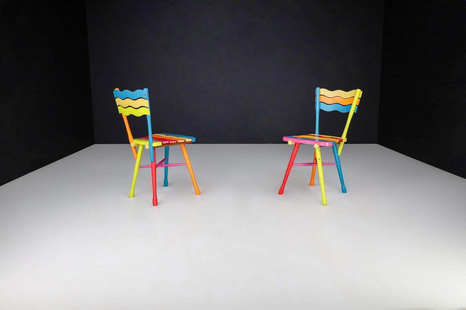 Pair Of Mid Century French Folk Art Painted Beechwood Chairs, France, 1960s photo Furniture