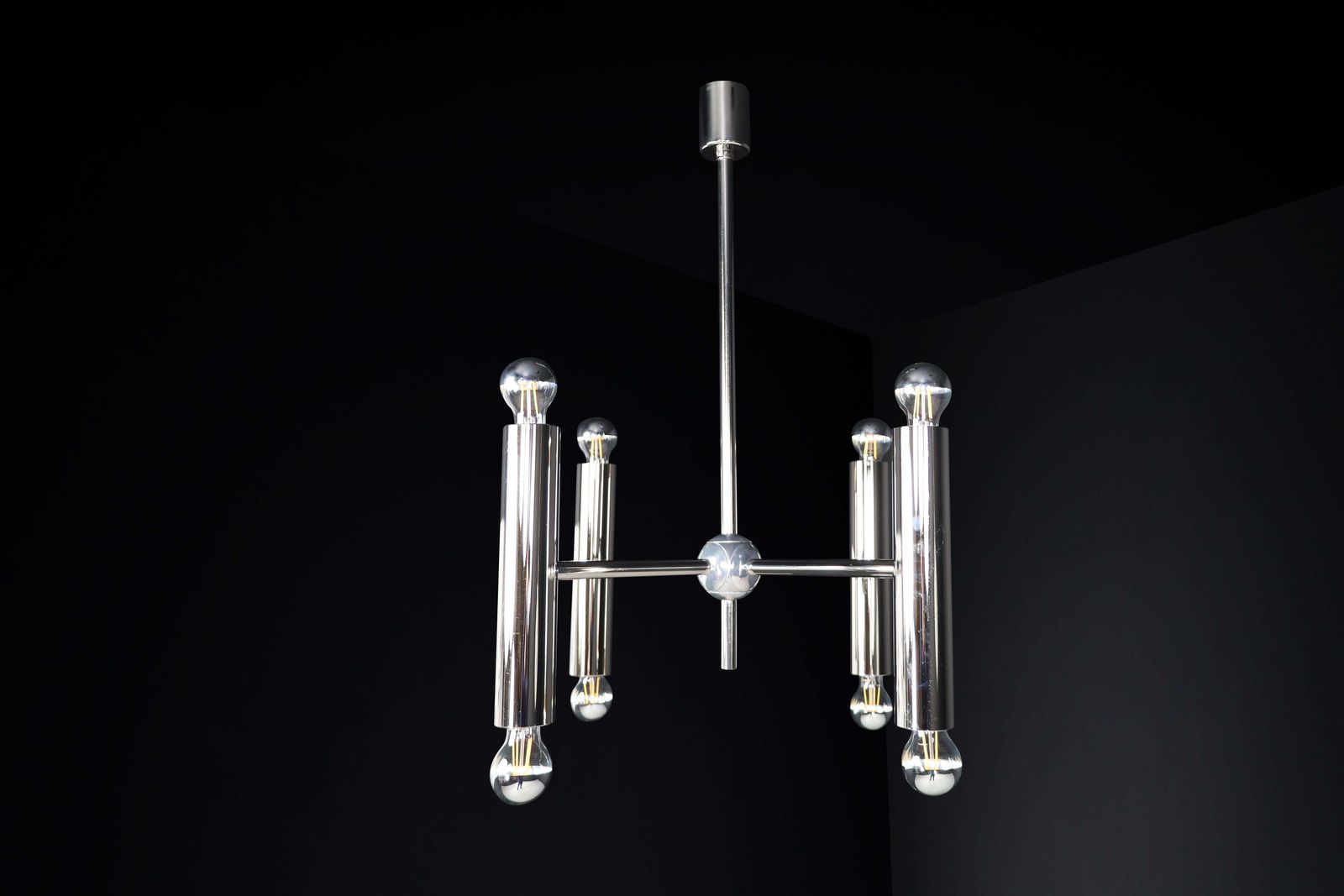 Lighting Mid Century Modern Chandelier In Polished Steel With Eight Lights, Germany 1960 photo