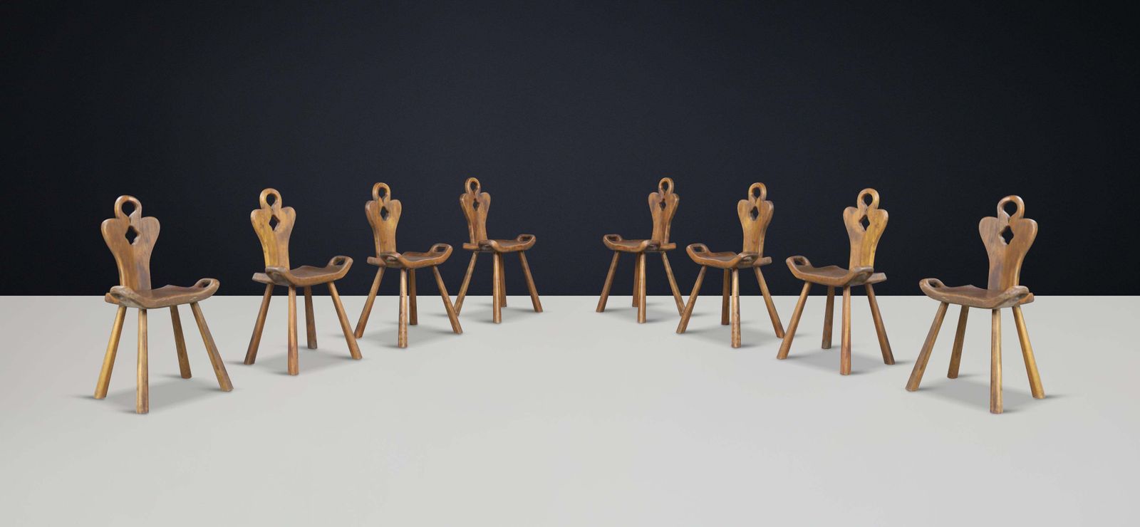Set Of 8 Sculptural French Alpine Chairs In Solid Oak, France, 1950s photo vinterior
