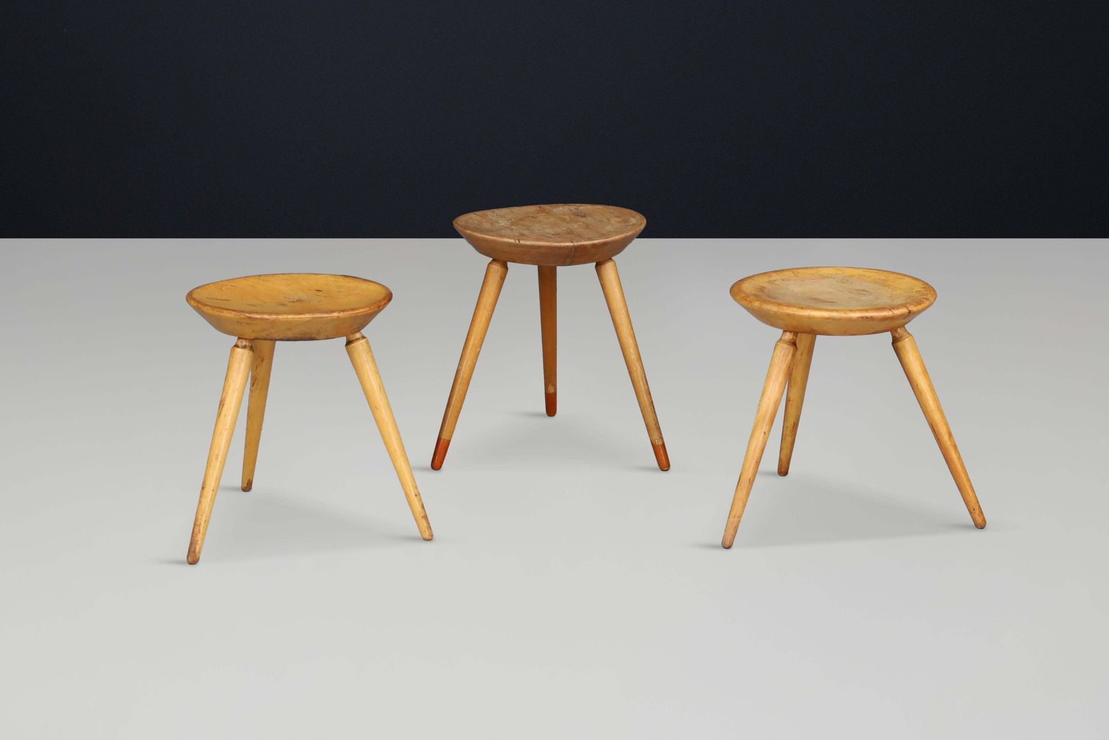 Set Of Three Rustic Mid Century Tripod Stools In Solid Wood, France, 1950s photo furniture