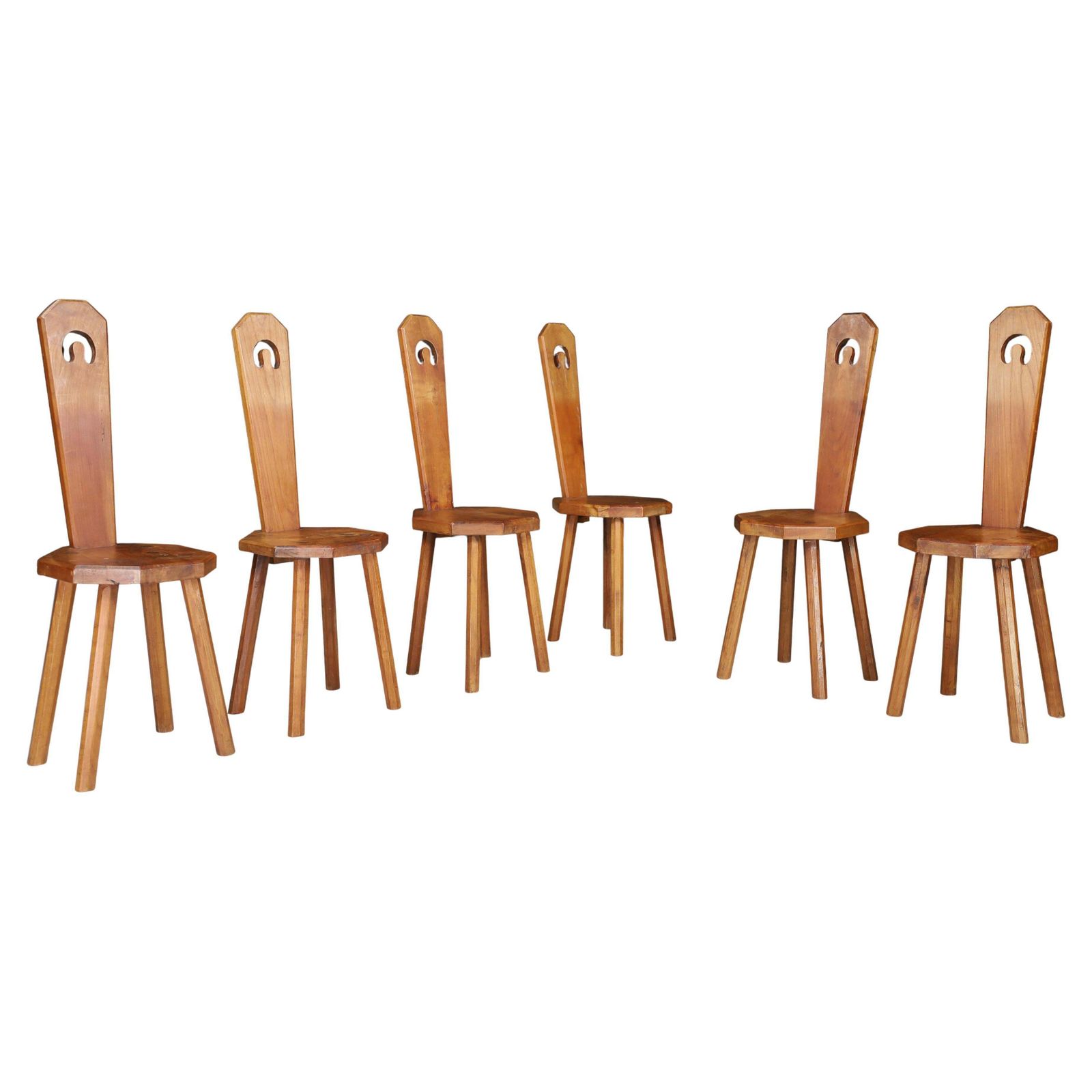 Set Of Six Sculptural French Beechwood Chairs, 1950s