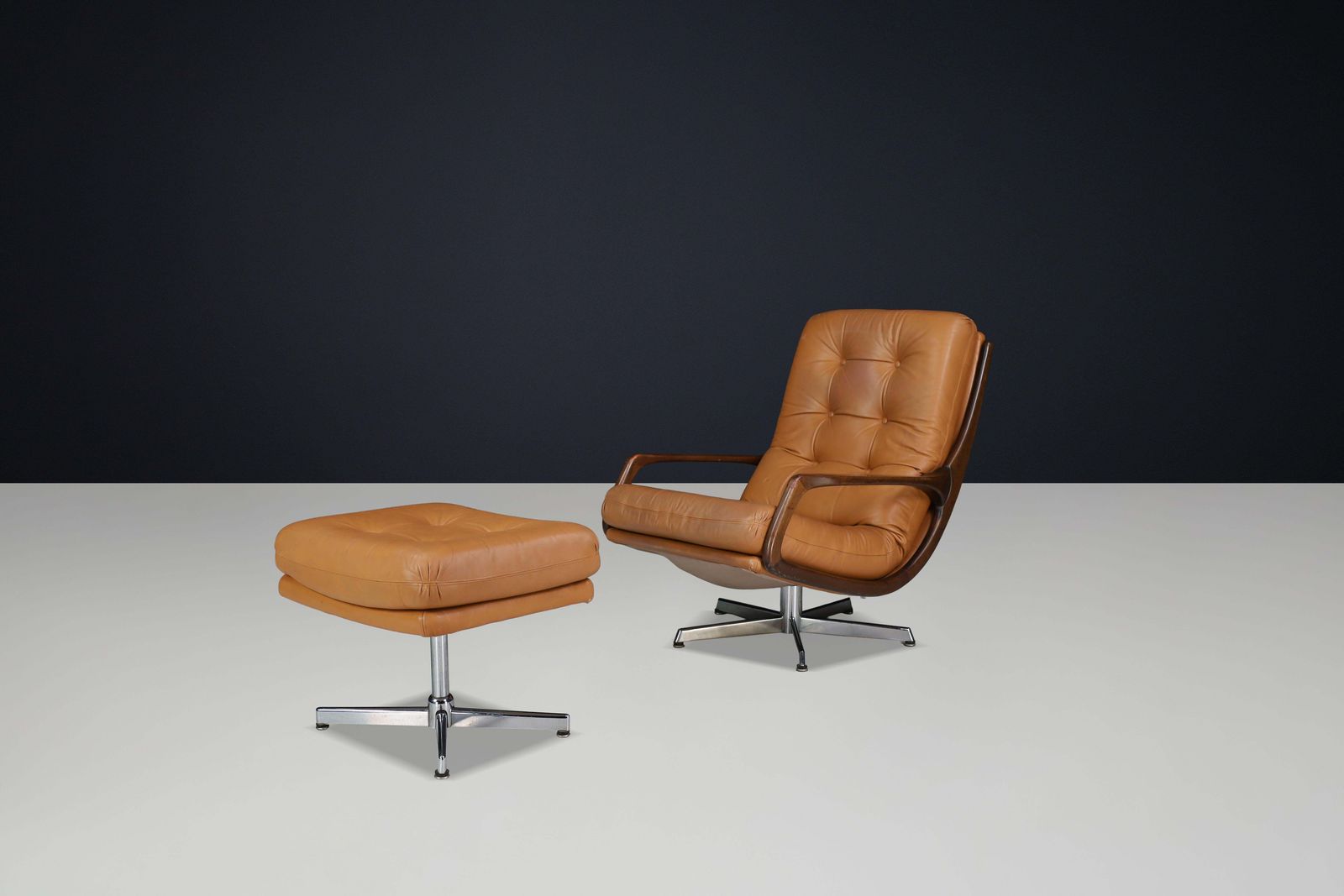 Eugen Schmidt Swivel Lounge Chair And Ottoman In Cognac Leather, Germany, 1970s photo furniture