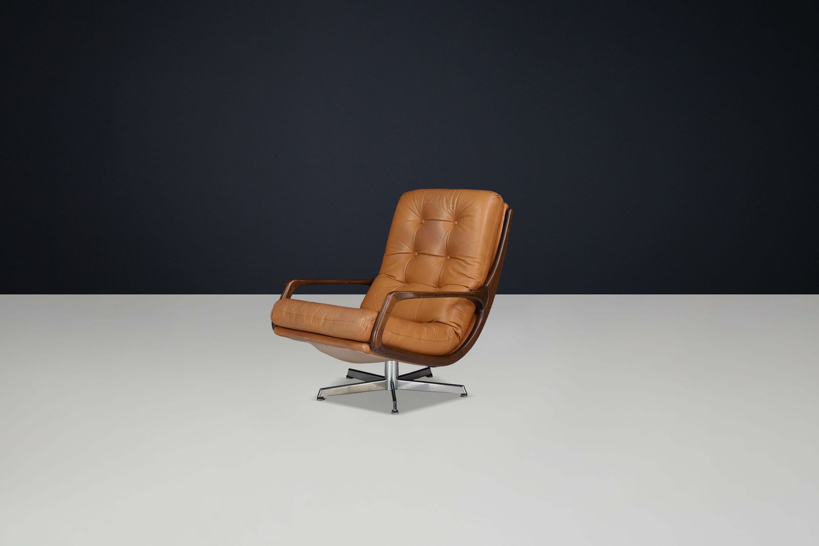 Eugen Schmidt Swivel Lounge Chair And Ottoman In Cognac Leather, Germany, 1970s photo for sale