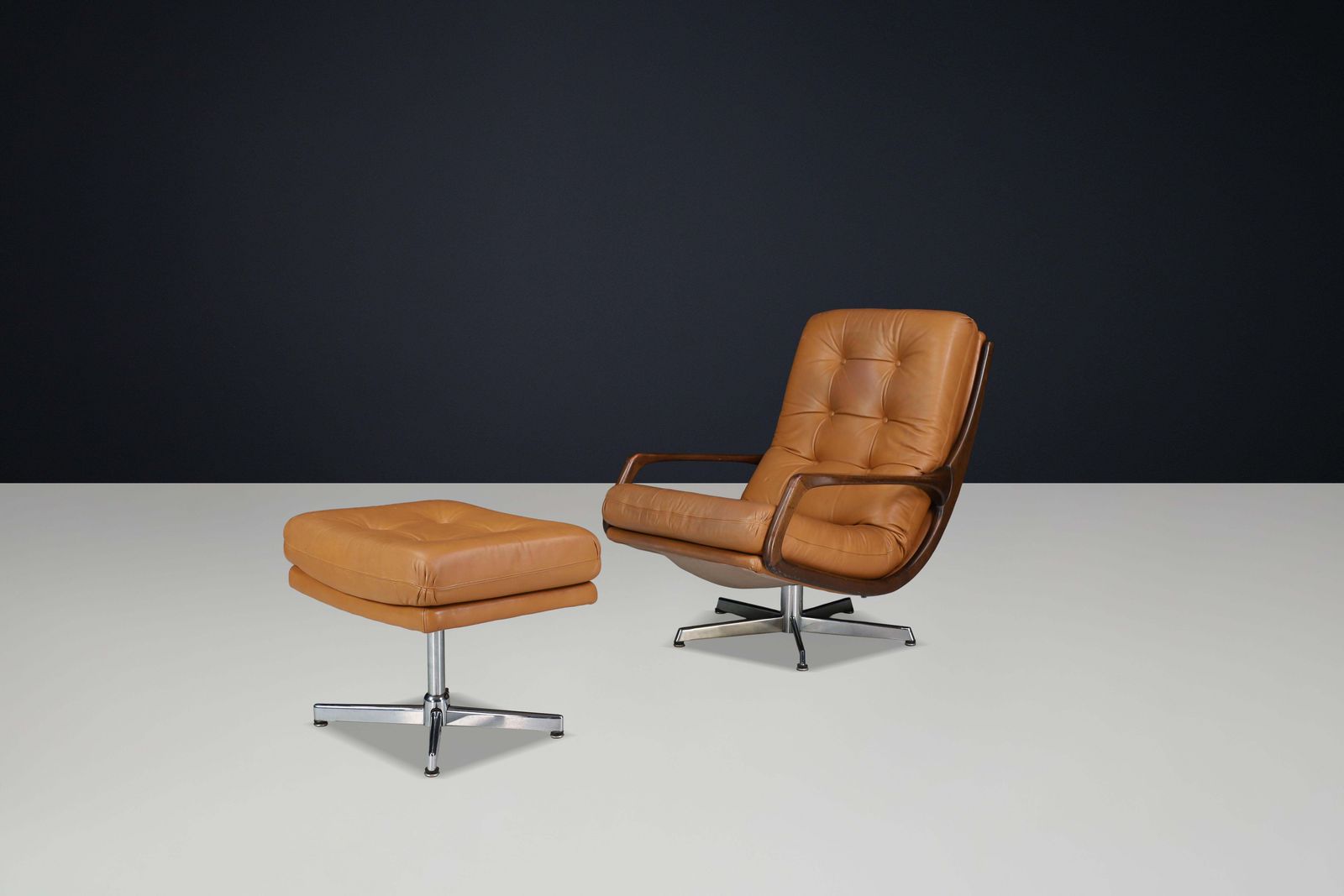 photo for sale Eugen Schmidt Swivel Lounge Chair And Ottoman In Cognac Leather, Germany, 1970s