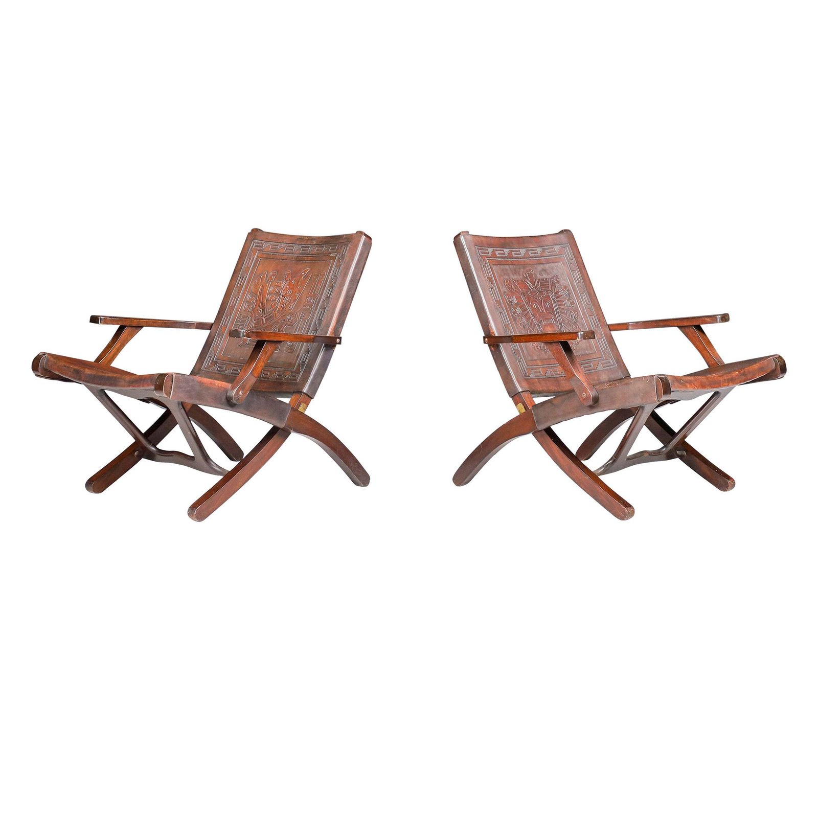 Angel I. Pazmino Cognac Colored Saddle Leather Arm Chairs Ecuador 1970s