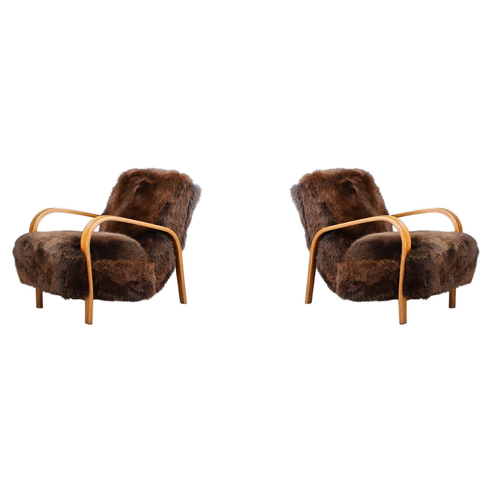 1940s Kozelka & Kropacek Armchairs In Texel Sheepskin & Honey Blond Bentwood