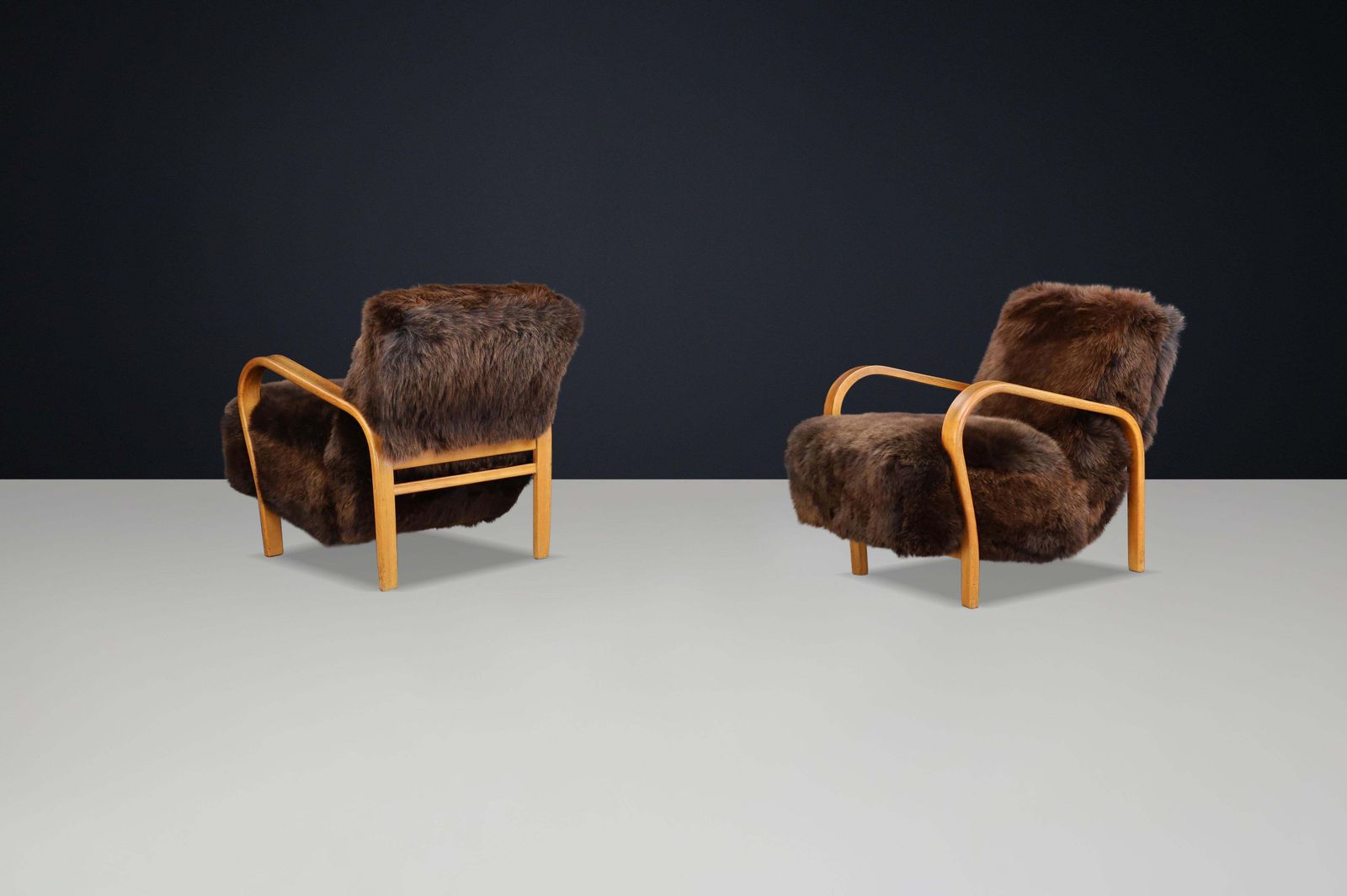 photo furniture 1940s Kozelka & Kropacek Armchairs In Texel Sheepskin & Honey Blond Bentwood