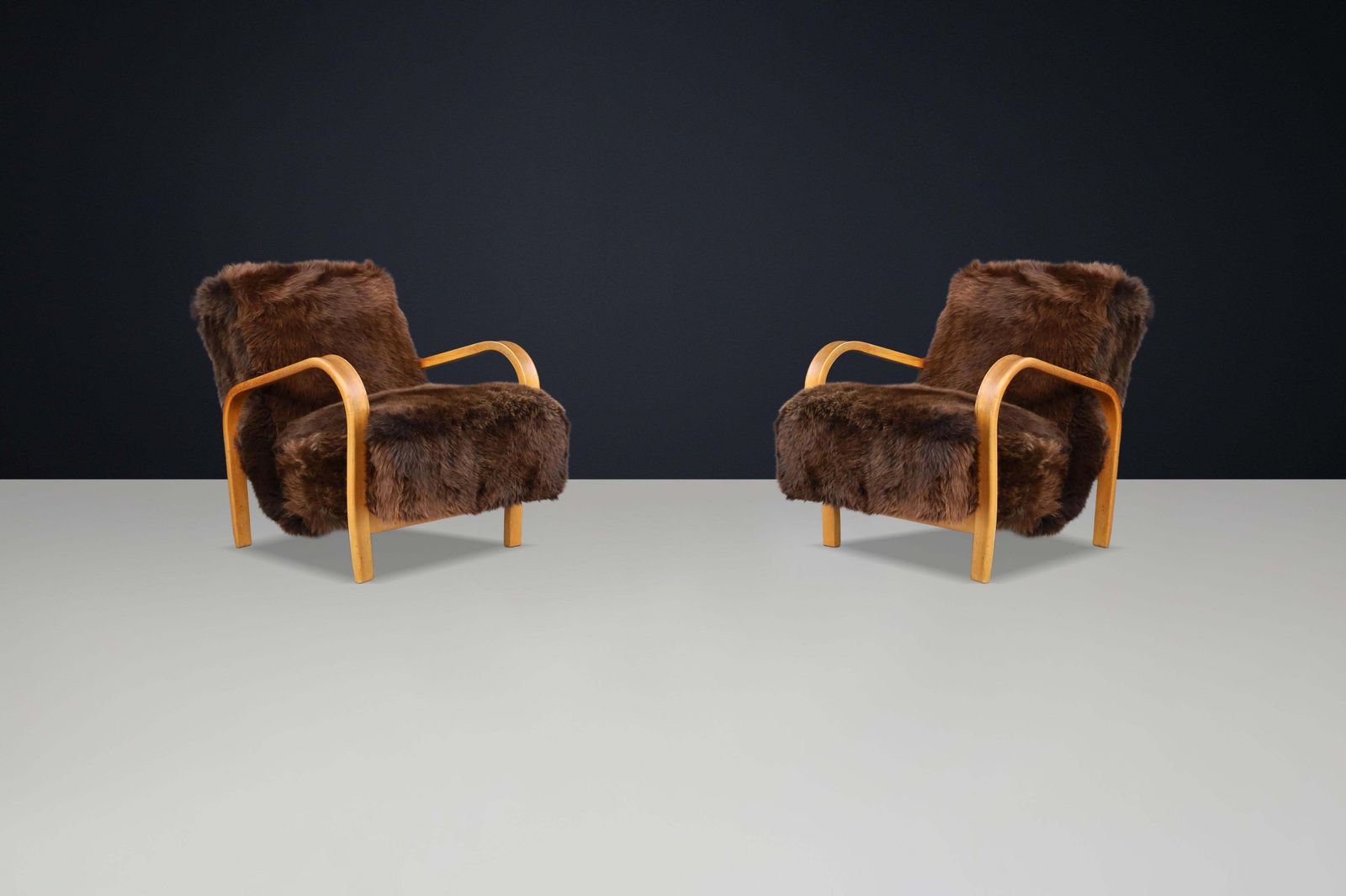 Furniture 1940s Kozelka & Kropacek Armchairs In Texel Sheepskin & Honey Blond Bentwood photo