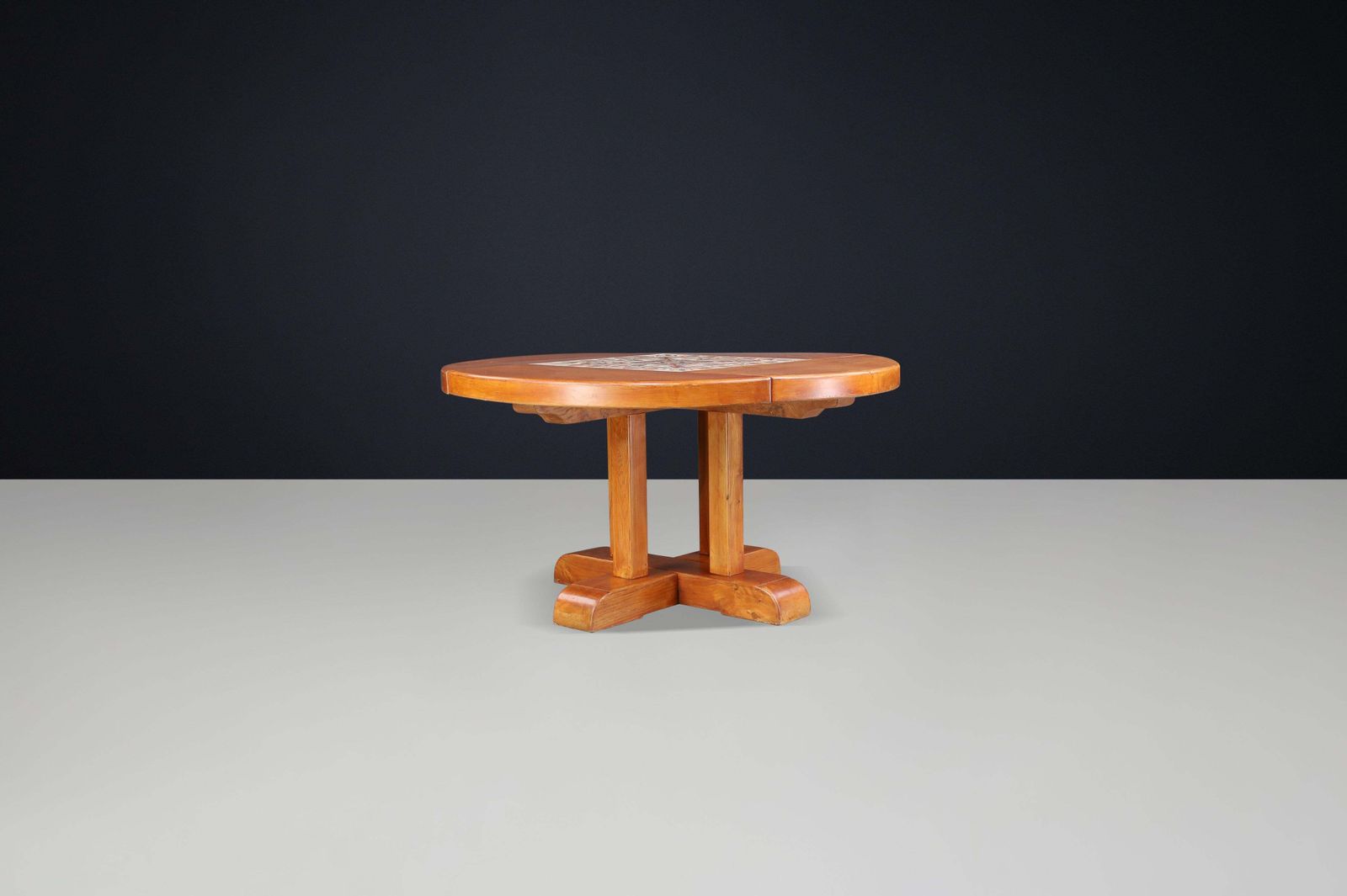 Mid Century French Elm And Ceramic Dining Table By A. Picard, 1970s photo for sale
