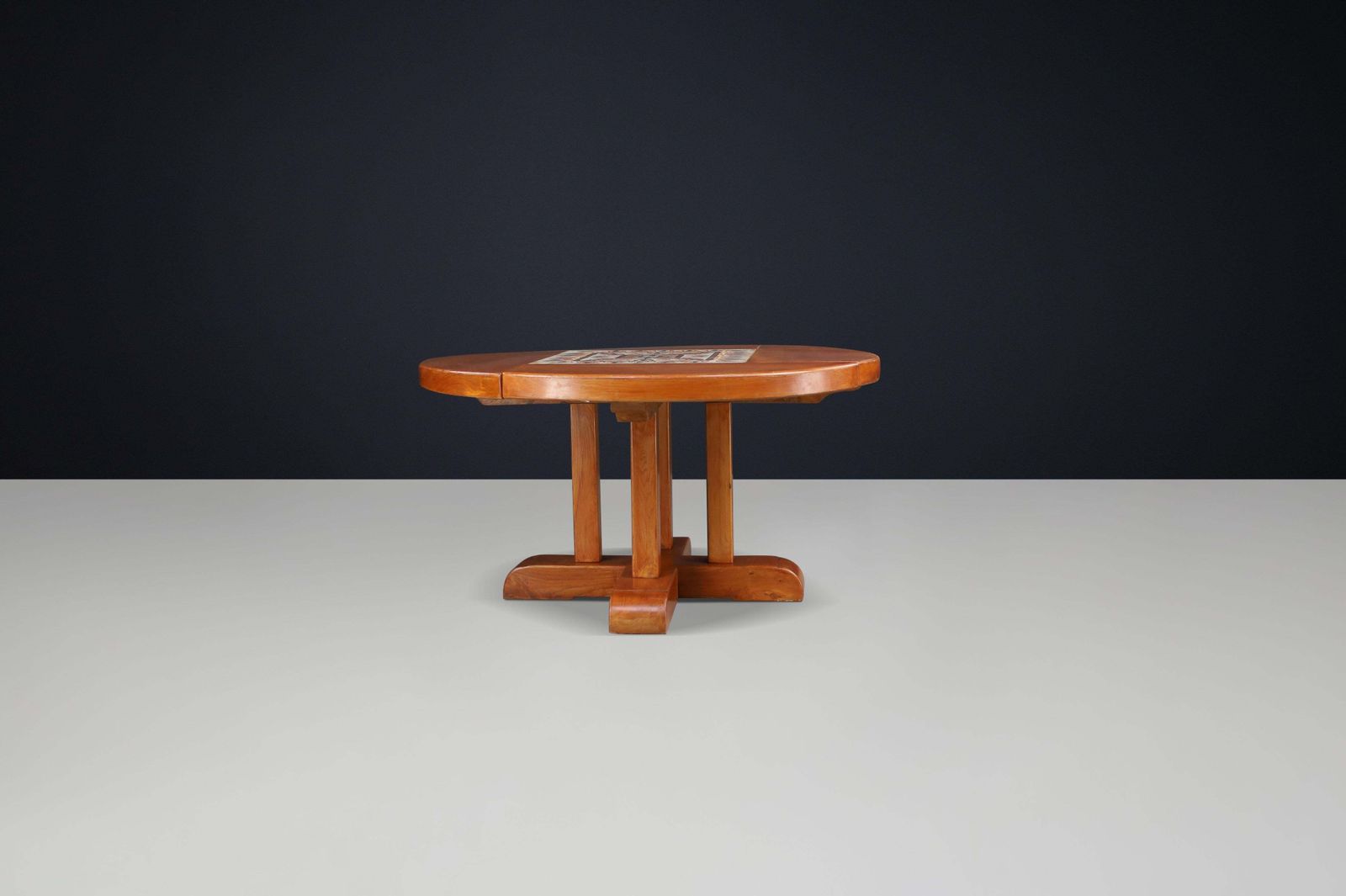 photo for sale Mid Century French Elm And Ceramic Dining Table By A. Picard, 1970s