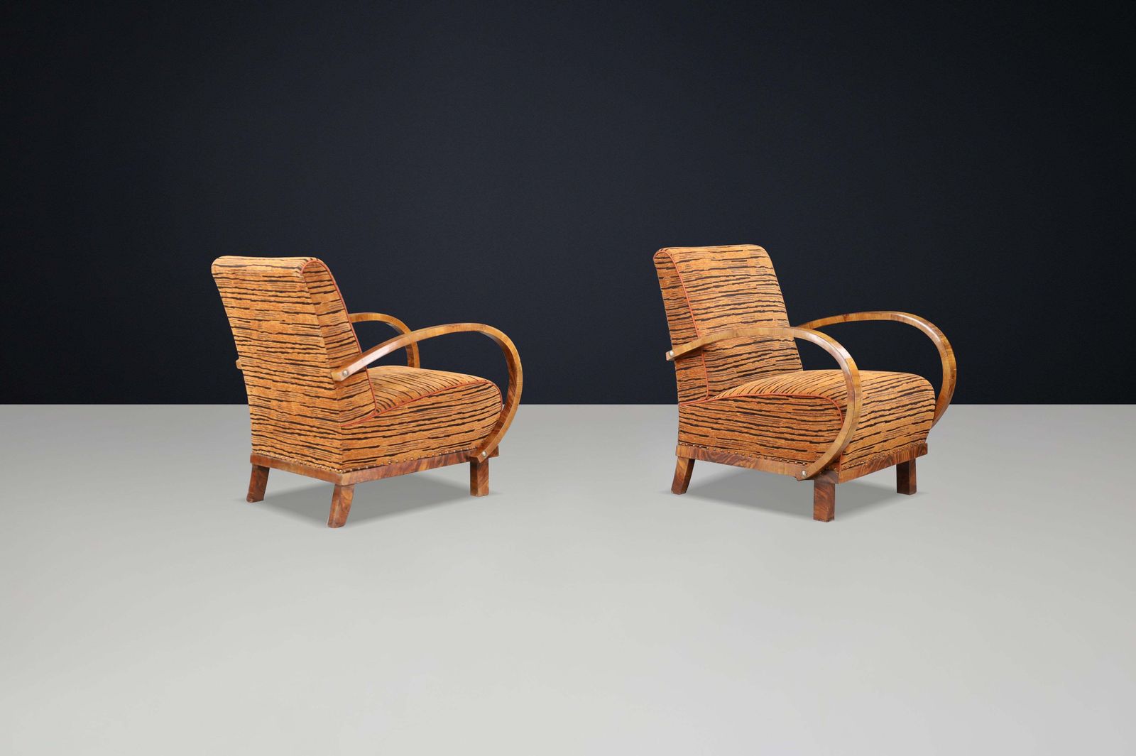 Striking Pair Of Austrian Art Deco Lounge Chairs In Walnut With New Tiger Fabric photo vinterior
