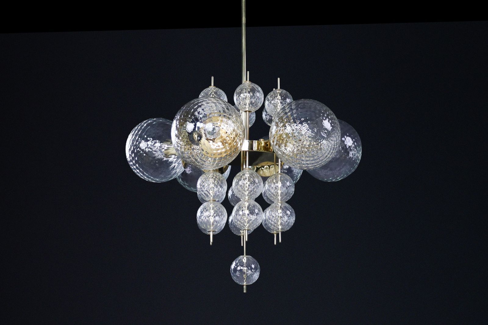 Mid Century Chandelier With Brass Fixture & Structured Glass Globes By Preciosa photo furniture
