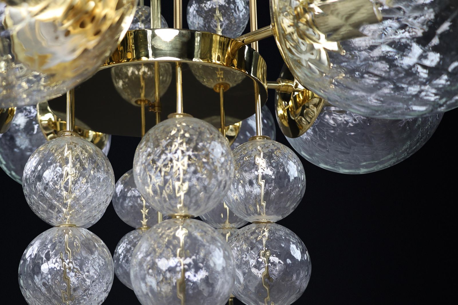 Mid Century Chandelier With Brass Fixture & Structured Glass Globes By Preciosa photo Lighting